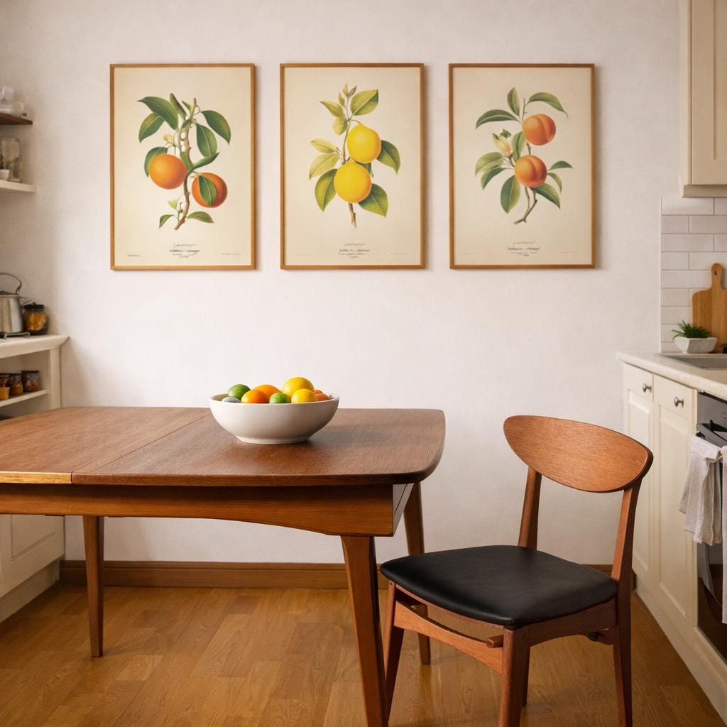 A small rented flat kitchen with cream cabinets and light wooden flooring features a mid-century wooden dining table and matching chair with a black seat. Above the table, three framed botanical fruit prints (orange, lemon and peach) hang evenly spaced on a white wall. A bowl of citrus fruit sits on the table, and the overall space feels bright, simple and fresh with a subtle vintage touch.