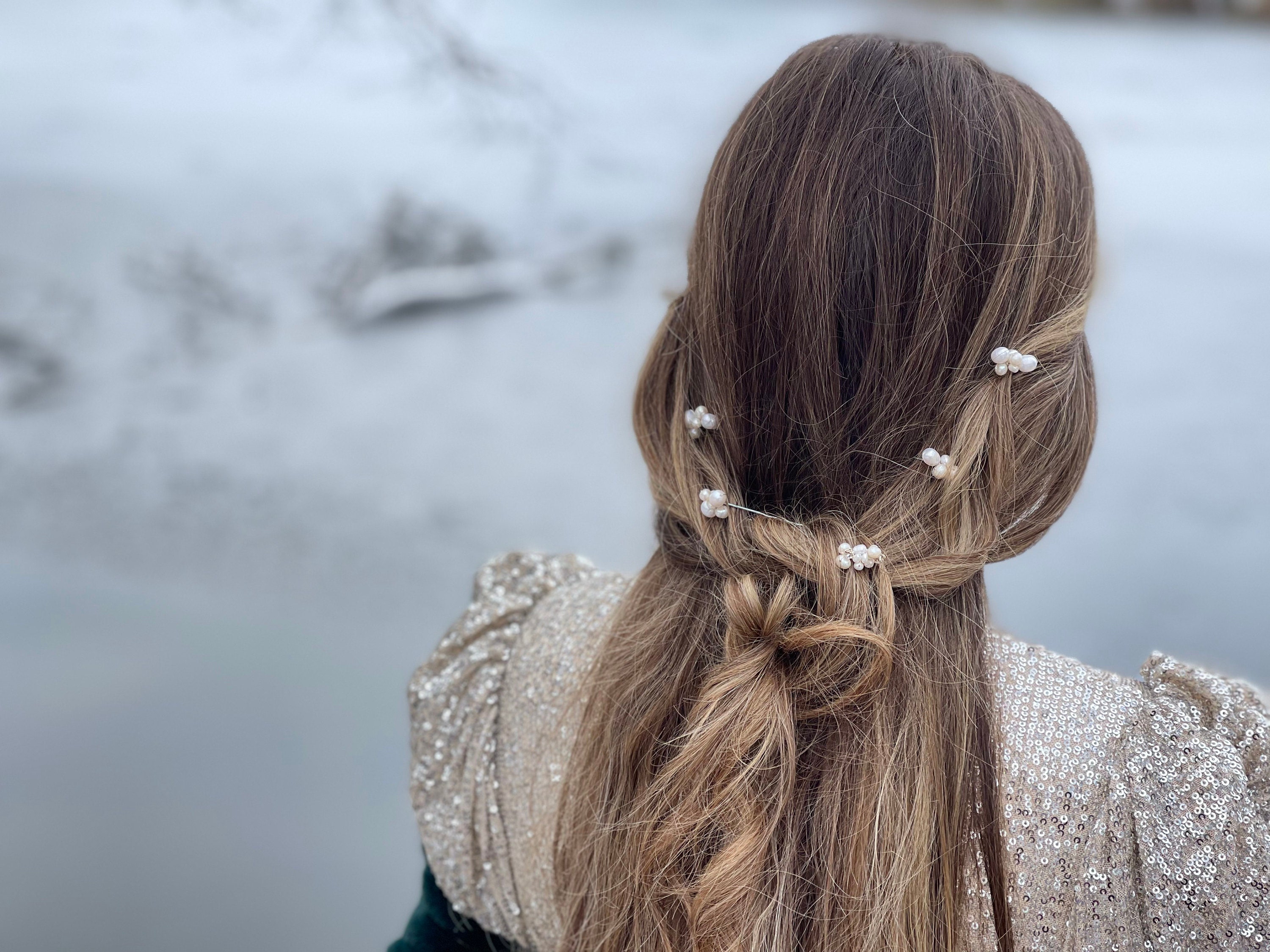 pearl hair pins, bride, long hair, boho bride