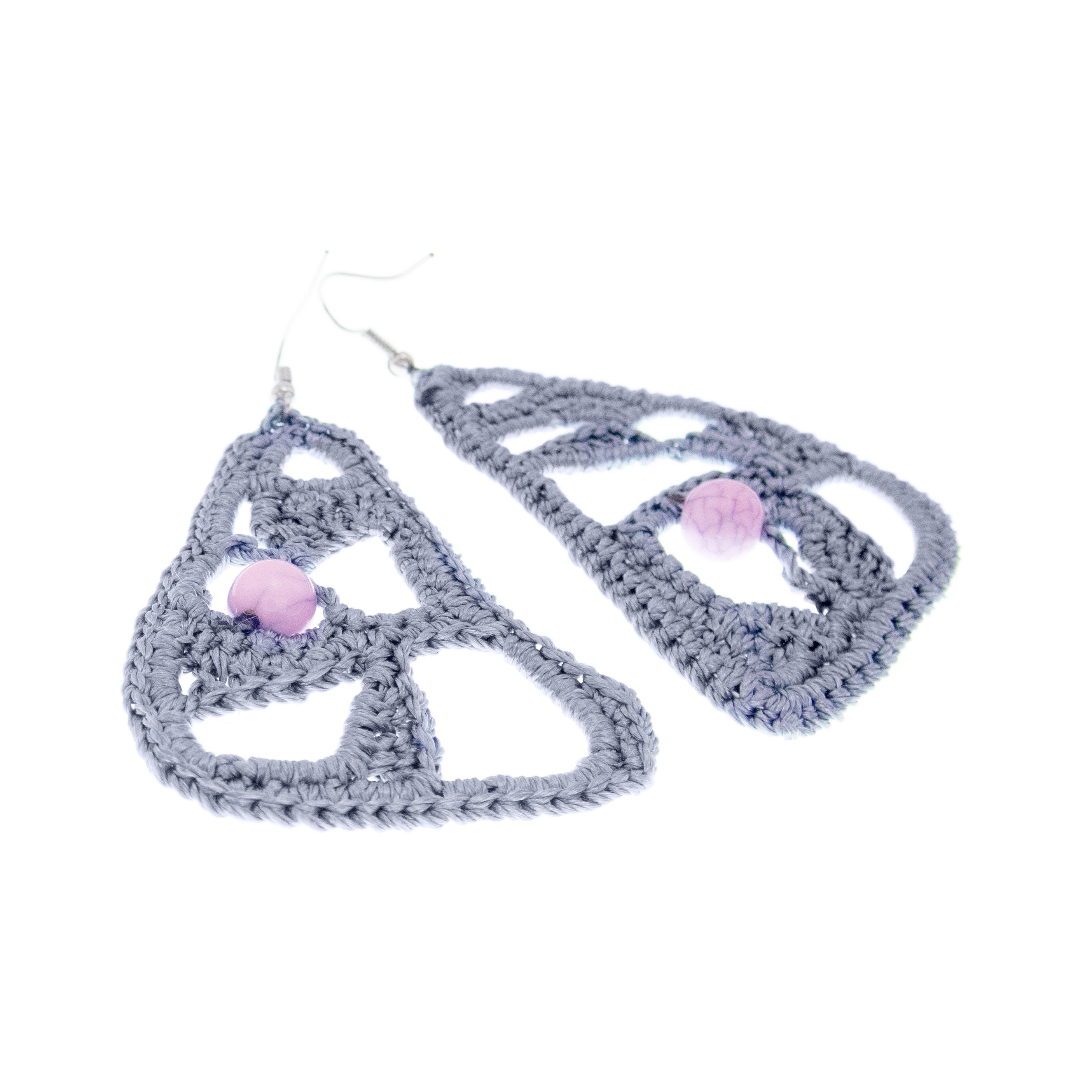 handmade lace earrings for a wedding with grey freeform triangles and pale pink bead