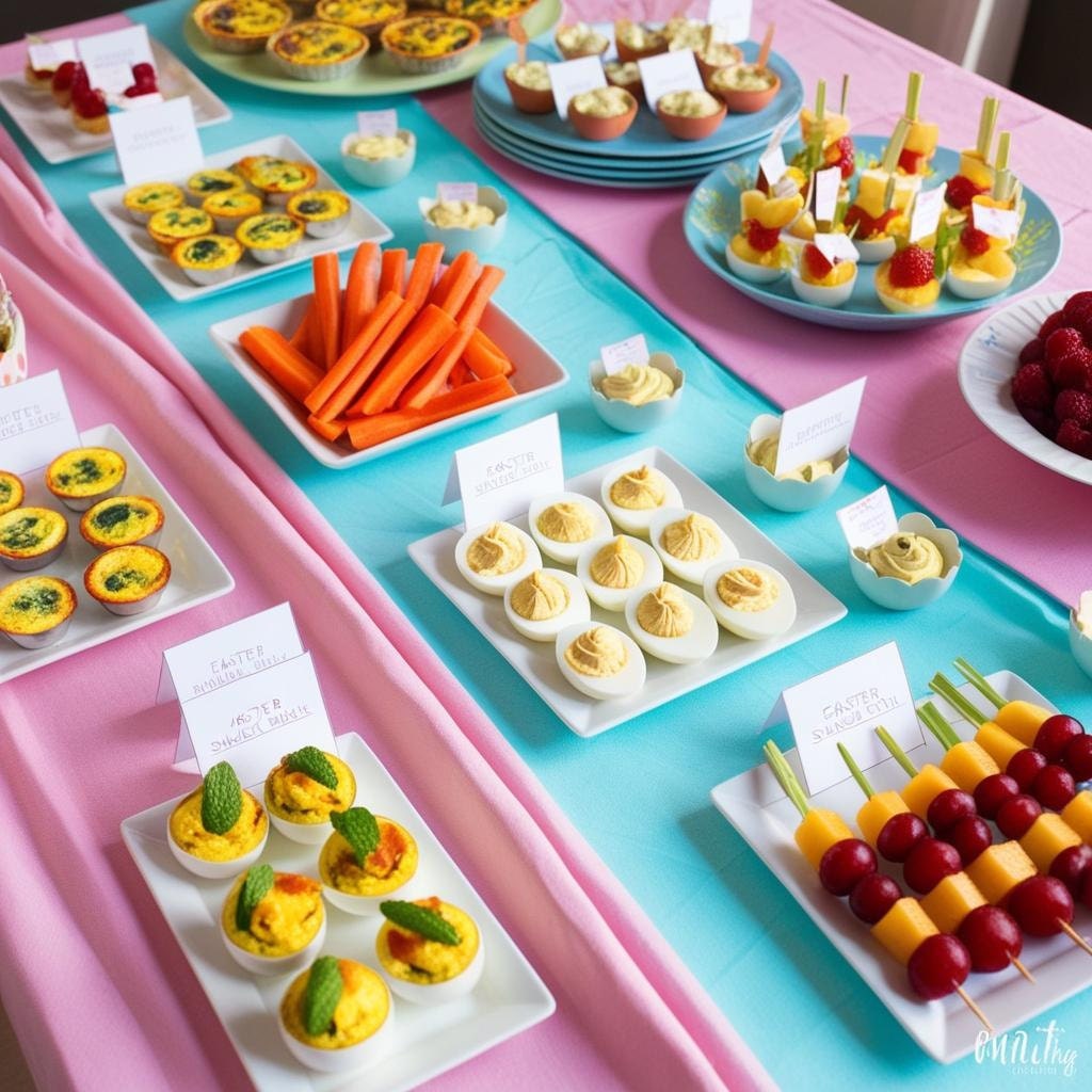 Easter snack table with easy finger foods, printable food tent labels, and bright pastel tablecloth.