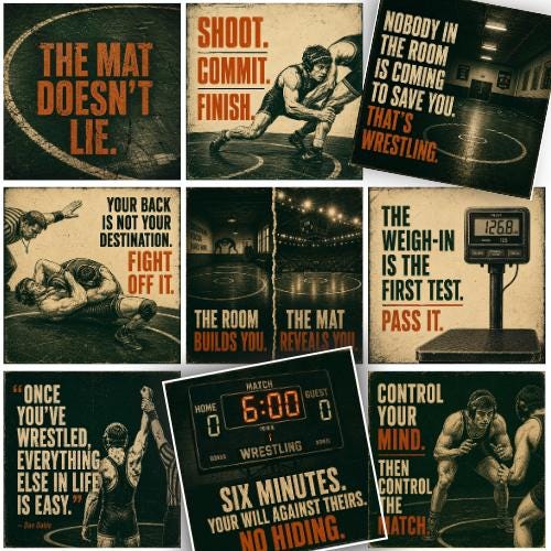 Retro collage of nine wrestling encouragement cards showing athletes competing on the mat, an arena and scoreboard, with messages about commitment, resilience, control and hard work.