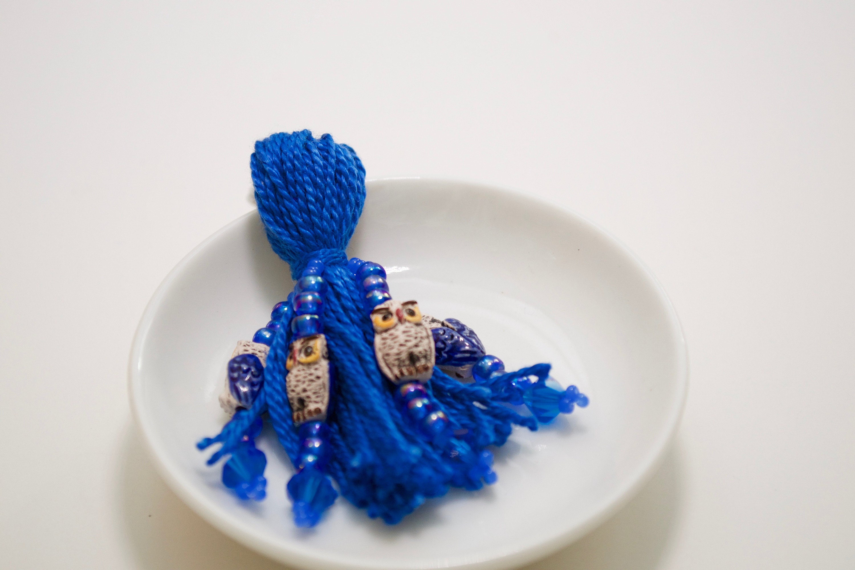 Blue owl beaded tassel keyring