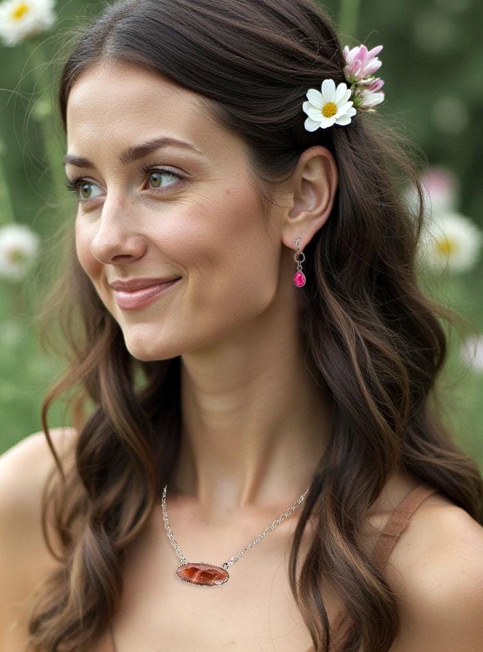 Boho wedding guest styled in chocolate moonstone pendant necklace and pink gemstone earrings