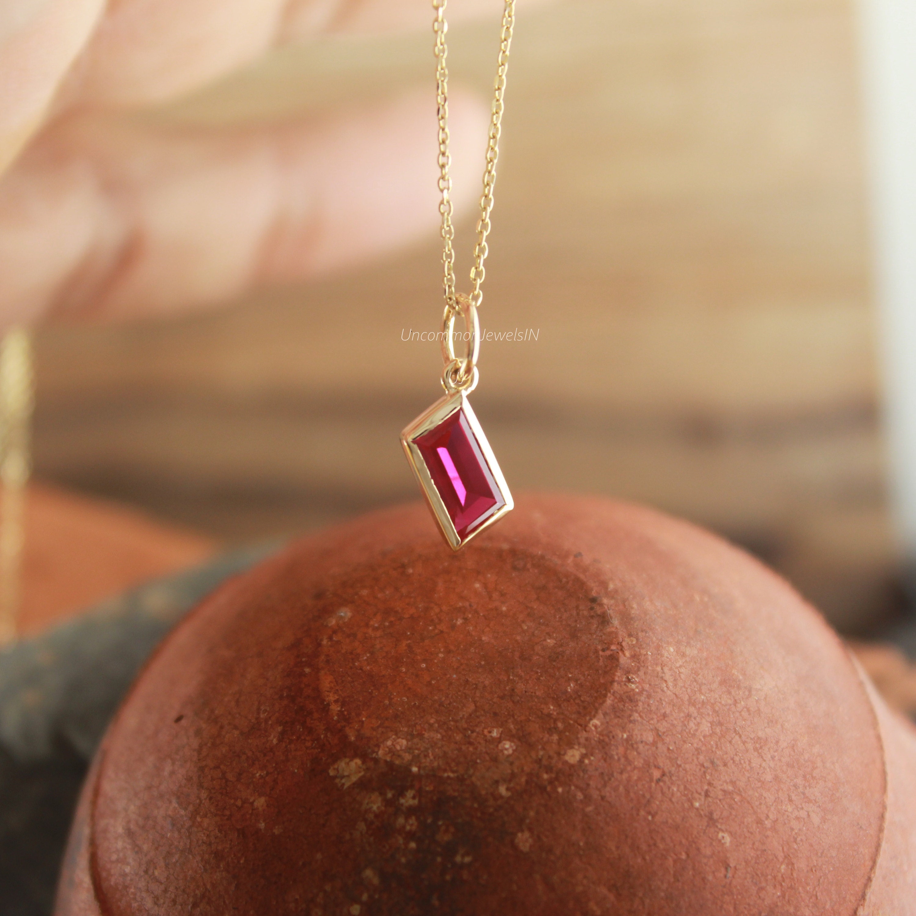 Custom cut Ruby Charm, 14k Gold, Birthday Gifts, Graduation Gifts, Wedding Gifts, Bezel Baguette Pendant, UncommonJewelsIN