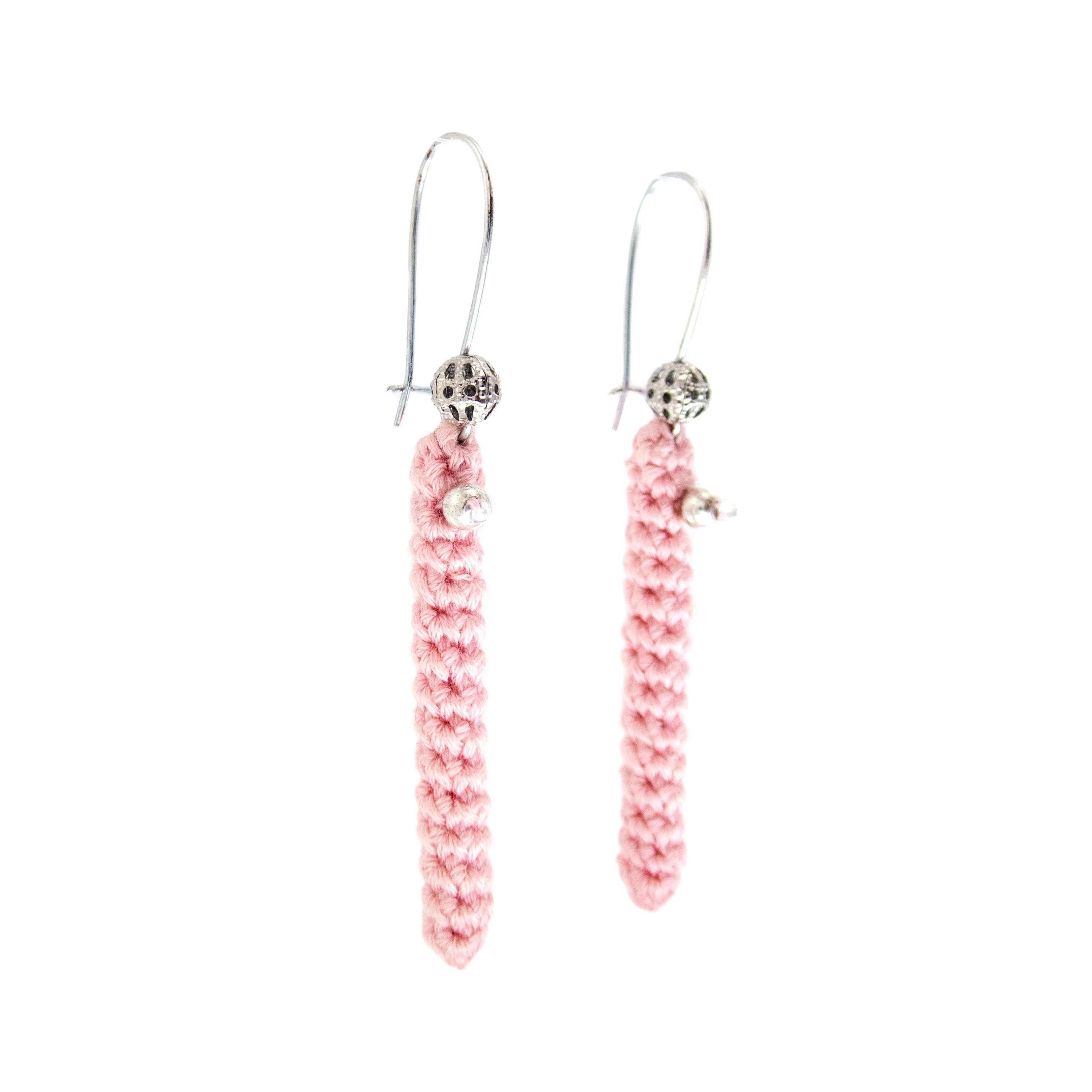 handmade pink crochet bar earrings dangle