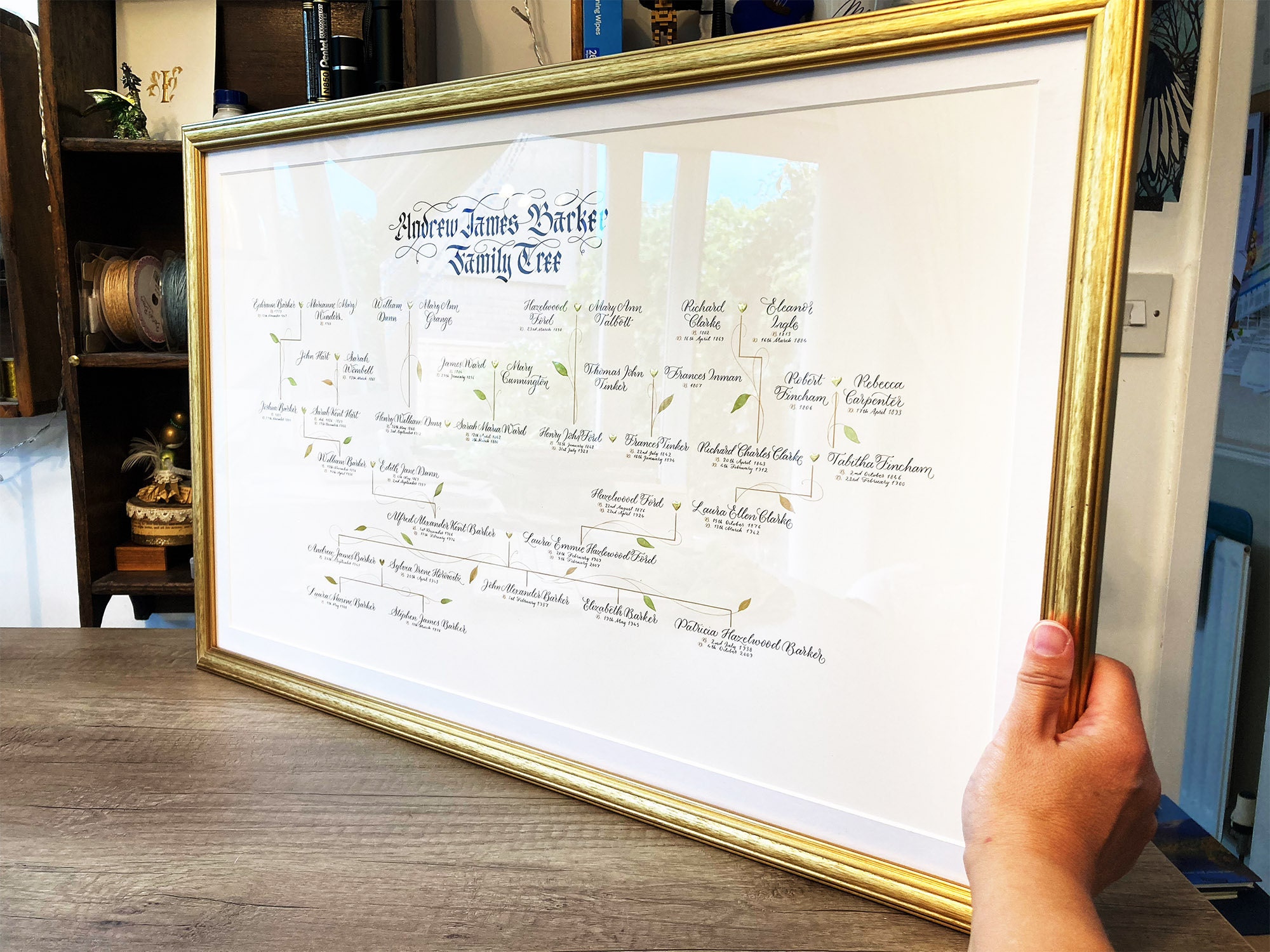 Family tree in calligraphy with a gold frame and wider layout. By Claire Gould