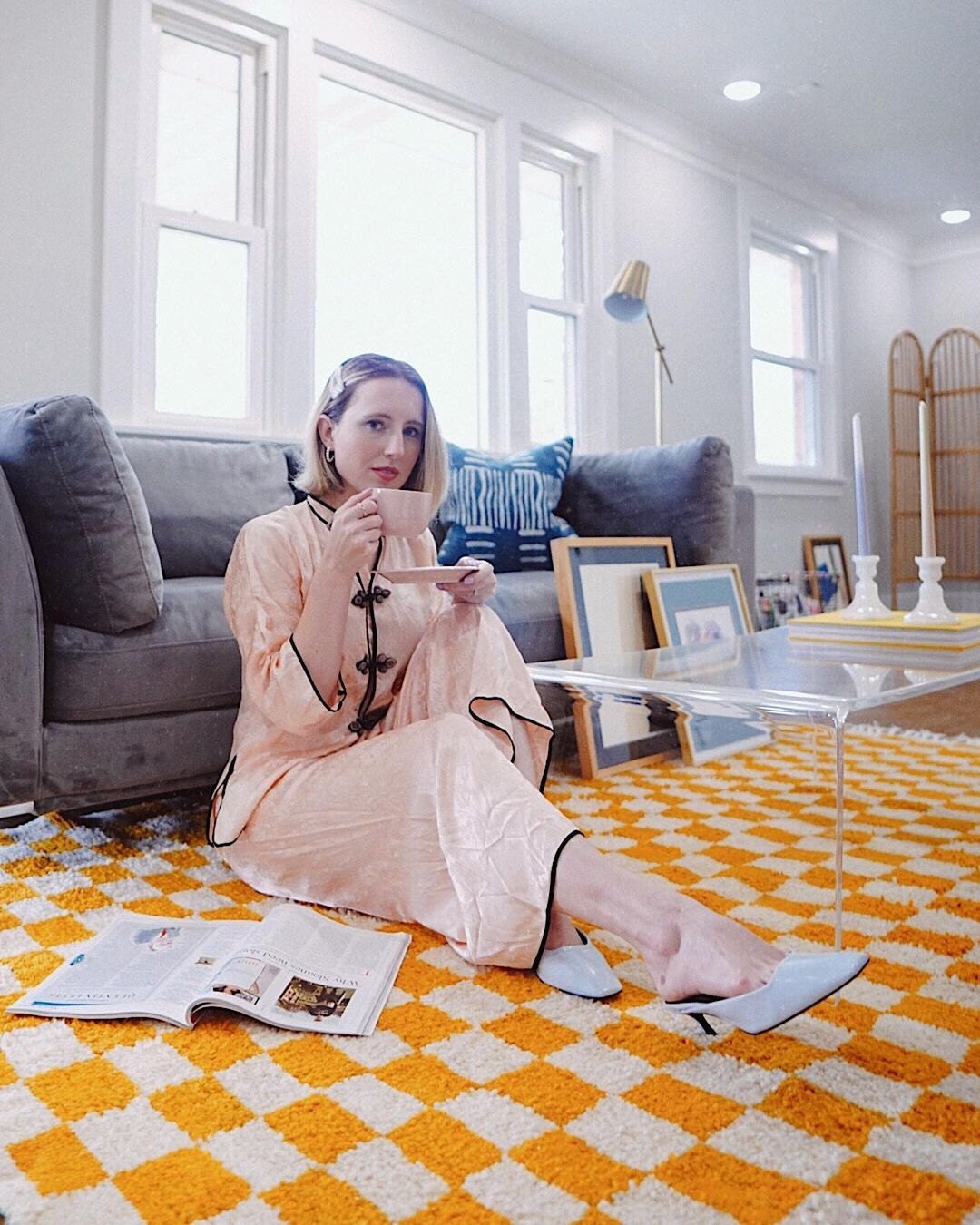 orange and off-white checkered rug