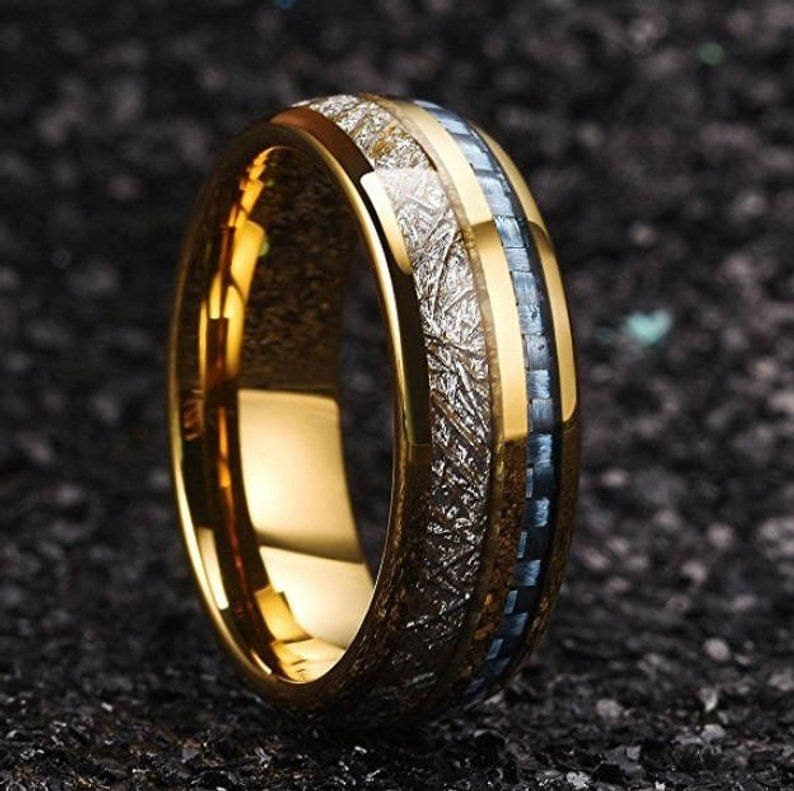 REG 345.95 7mm 24K Gold Plated Tungsten Meteorite Dome Style & Sapphire Blue Carbon Fiber Inlay | engagement, anniversary, wedding rings