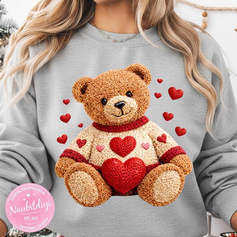 Valentine’s Day Crochet Teddy Bear PNG – Love Heart Bear Sublimation Design (Digital Download)