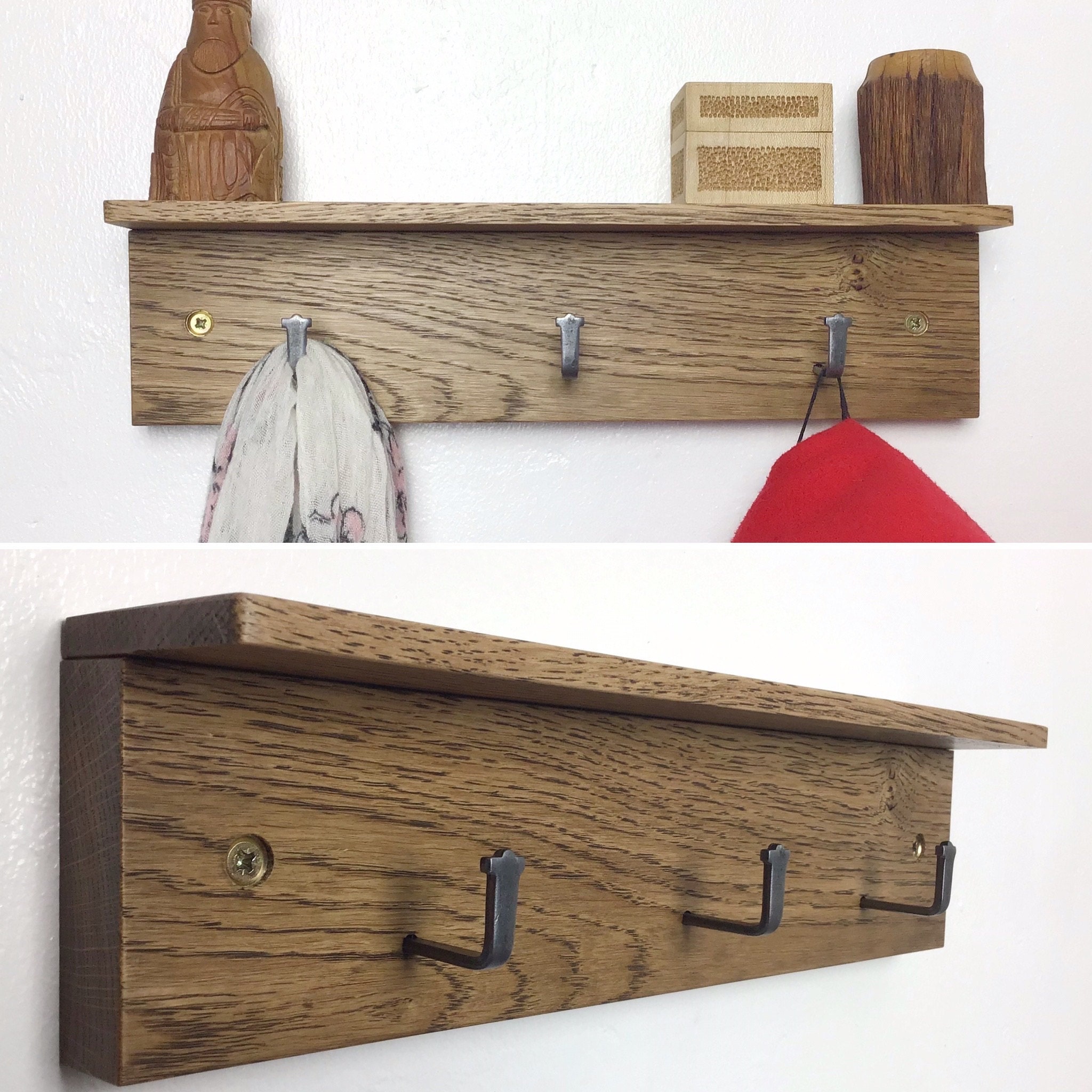 Dark Oak wood Coat Rack 3 hooks 33cm wide made in UK by gorlech