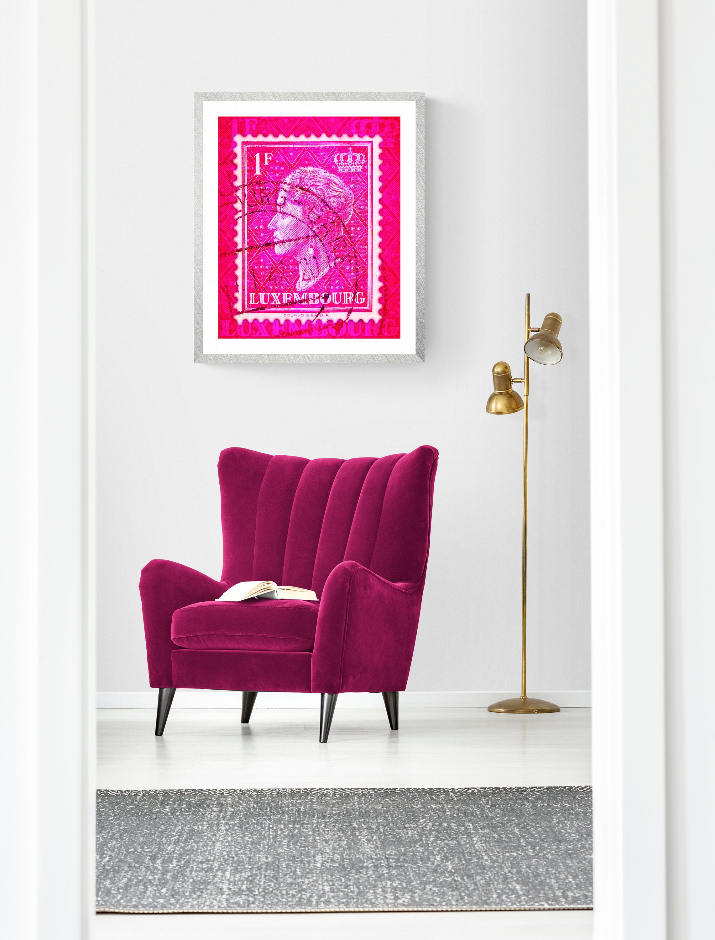 Luxembourg fine art print in pink of Grand Duchess created with vintage postage stamp