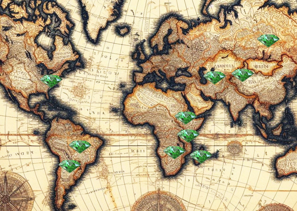 Modern emerald mines shown on an antique world map