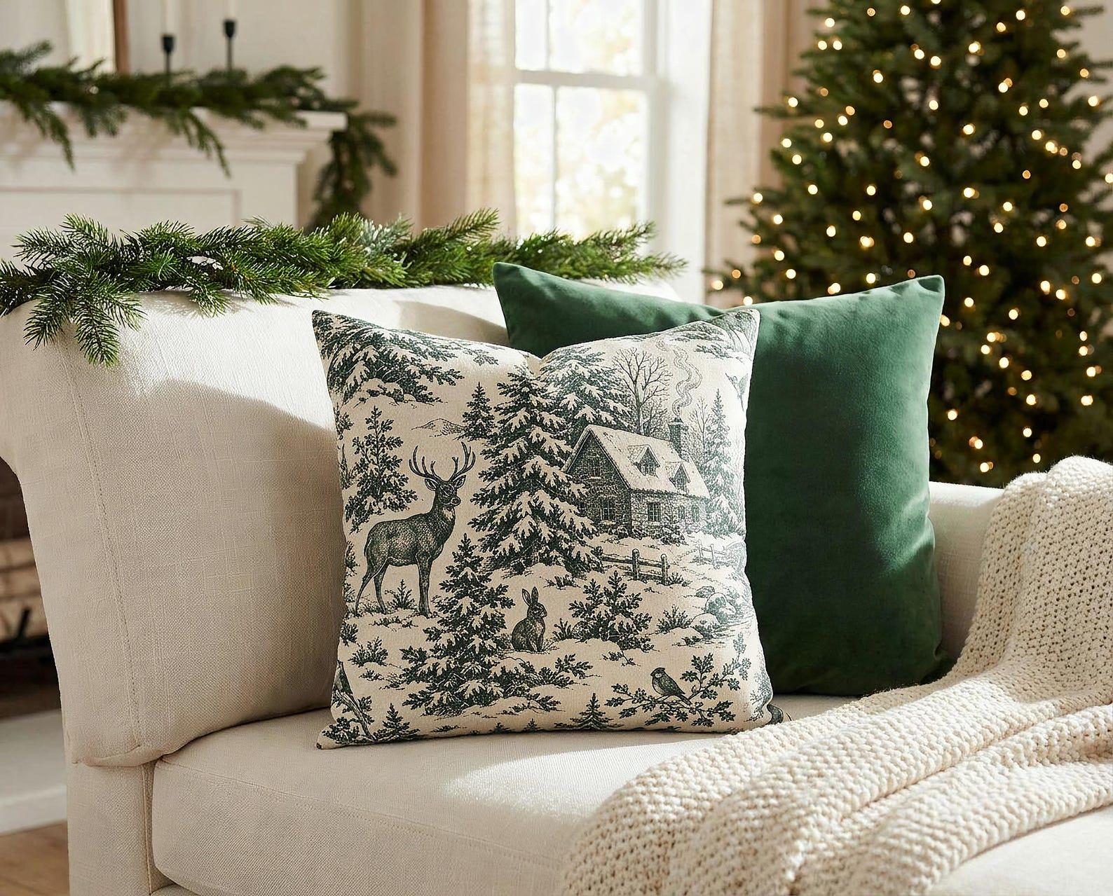 Green woodland deer and pine Christmas toile pillow cover on a cream sofa with a forest green pillow and Christmas tree