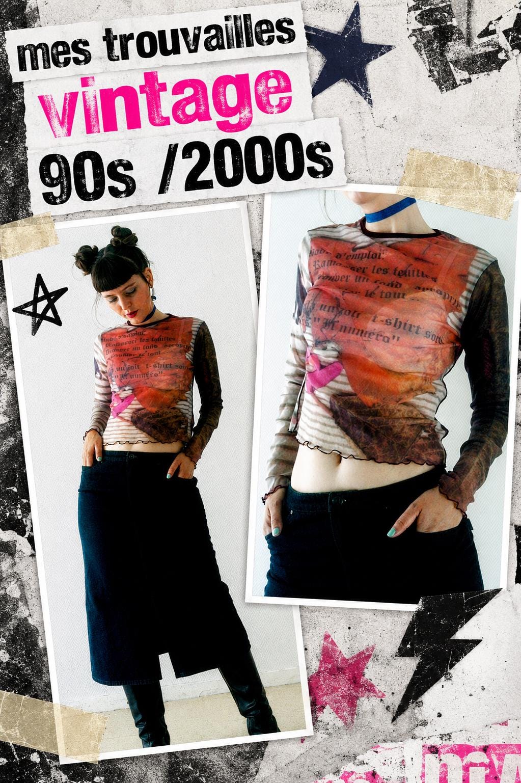 Trouvaille vintage fin 90s jupe longue jean et crop top à écritures gothiques - esthétisme Whimsigoth / witchy