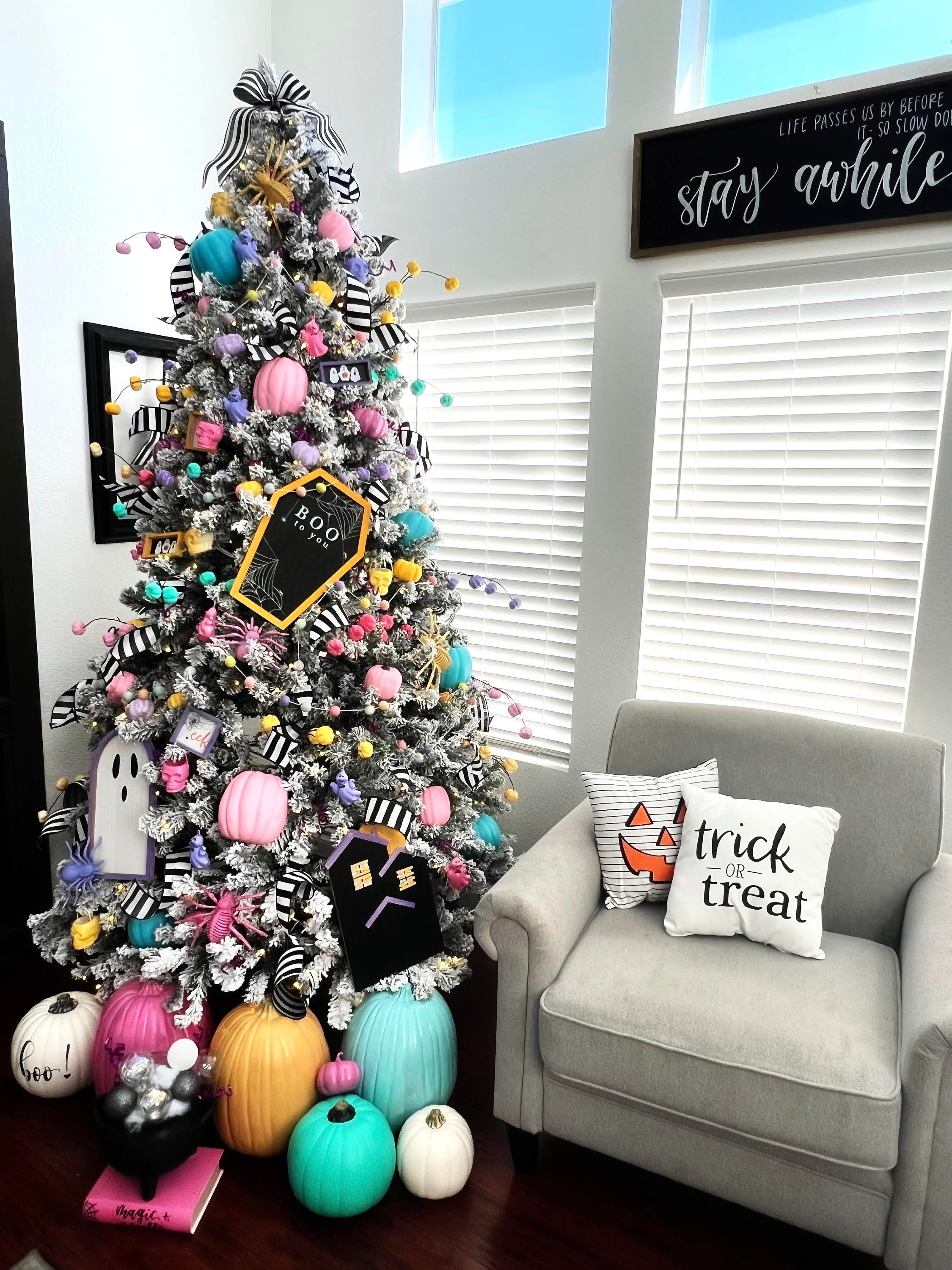 Flocked Tree with halloween pastel decor