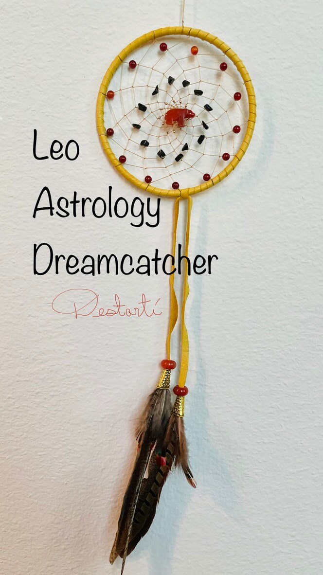 Leo Astrology Dreamcatcher with Golden Deerskin lace, deep orange Carnelian, Black Onyx, 14K Gold-filled beads and Carnelian Zuni Bear with Gold Plated Cones and Pheasant feathers