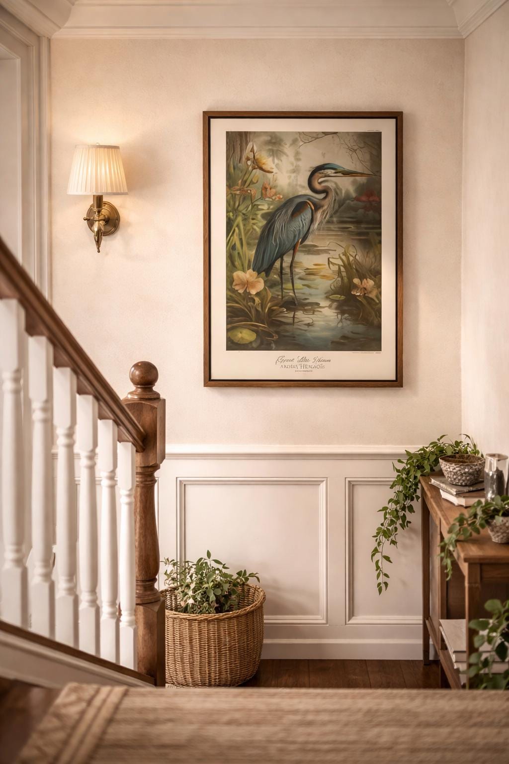 A Heron print, on the stairs (Vintagfe Artwork)