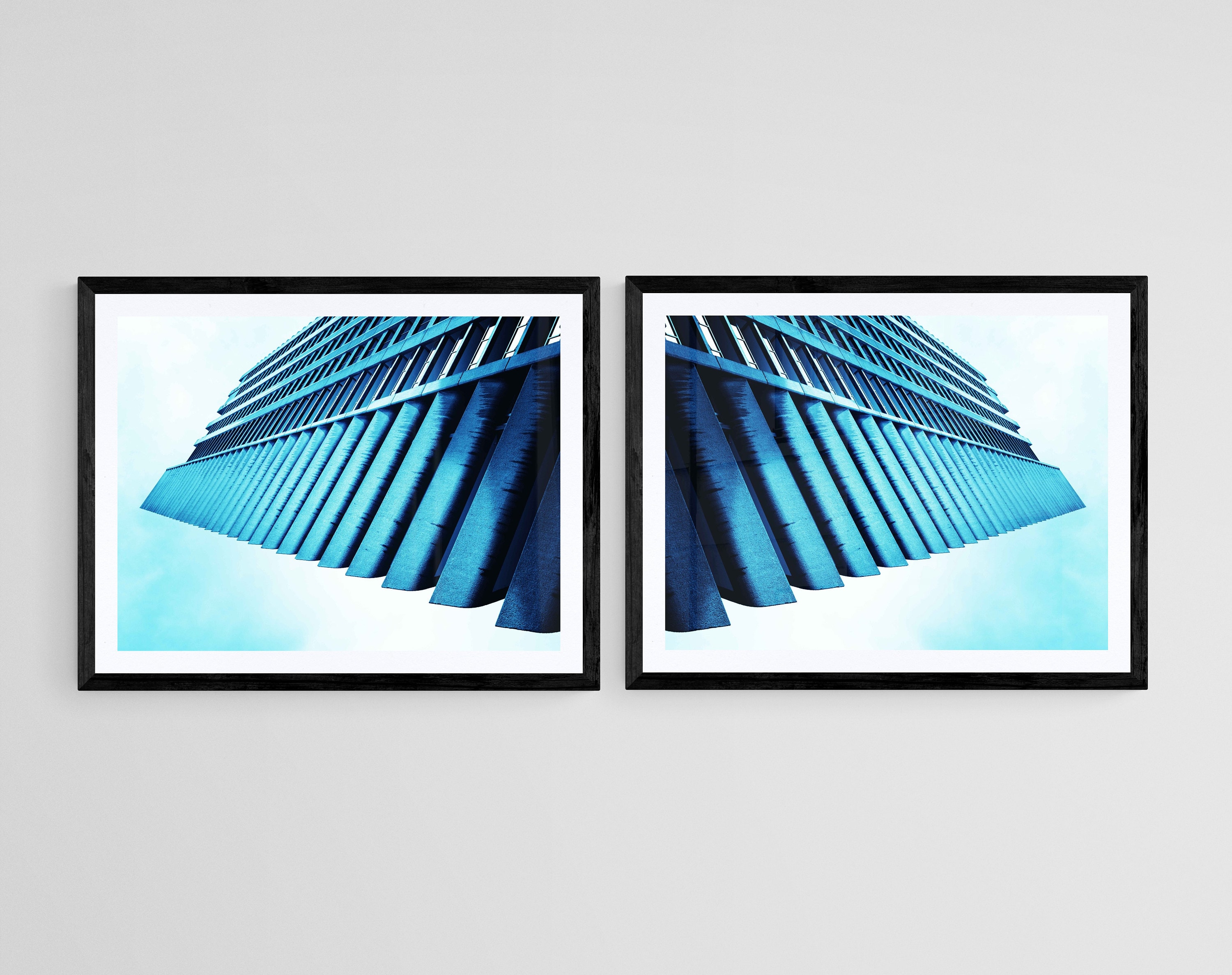 blue london barbican wall art- fine art photography of the barbican turned into abstract contemporary wall art in various sizes- available as a diptych- installation of two artworks, unframed or ready to hang art