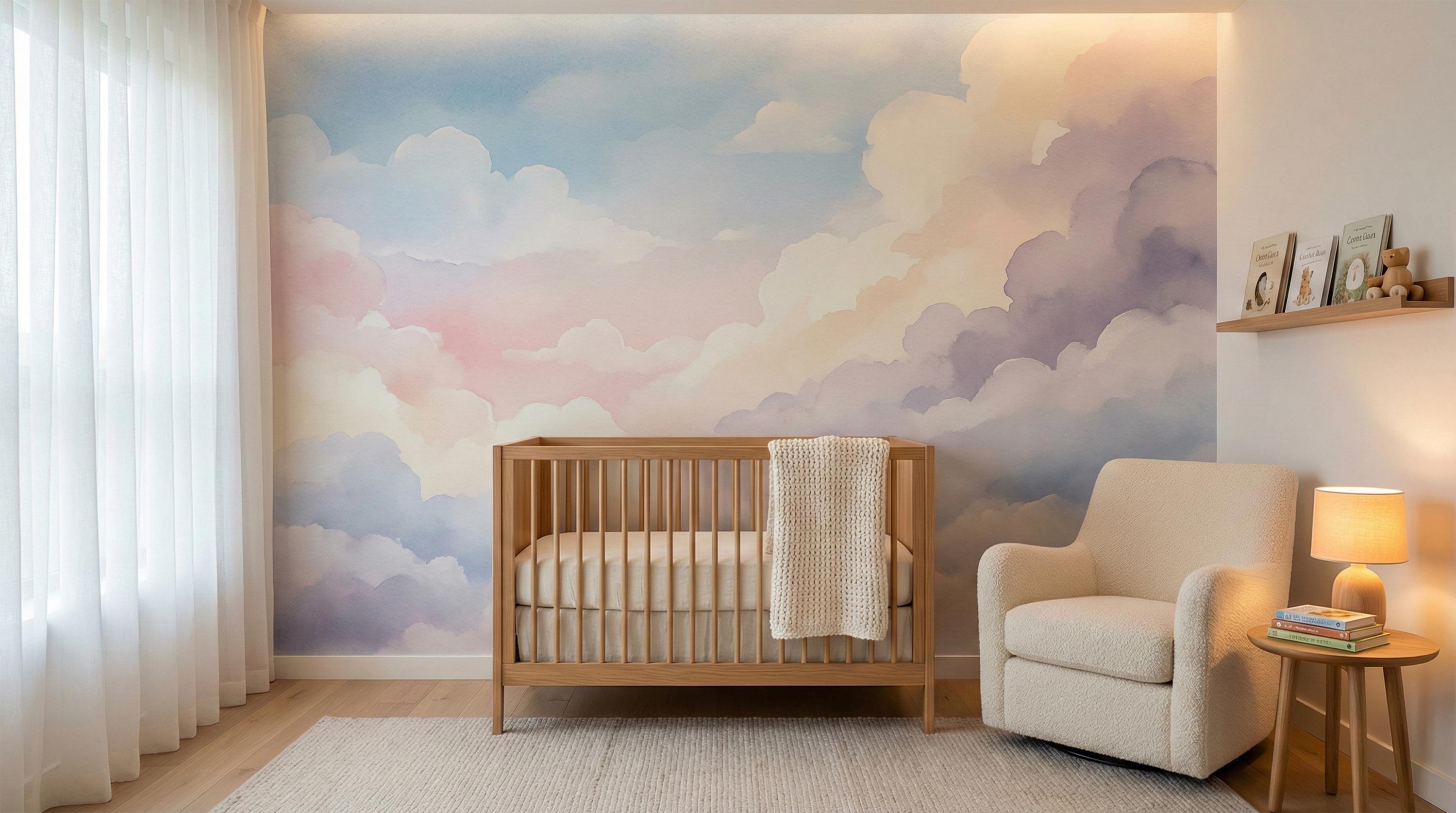 nursery wall mural ideas behind crib with dreamy cloud sky pastel design