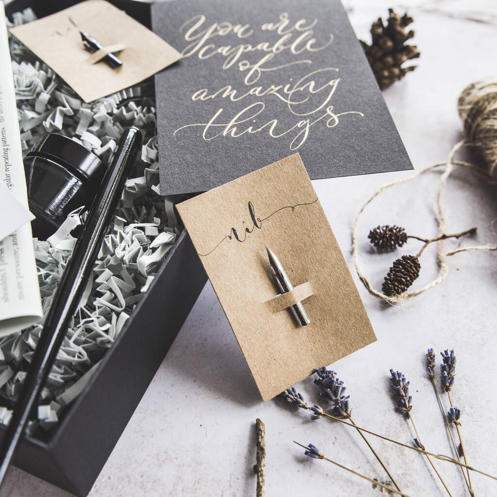 Modern calligraphy kit inside with nibs, pen and ink. Photographer credit Marion Botella