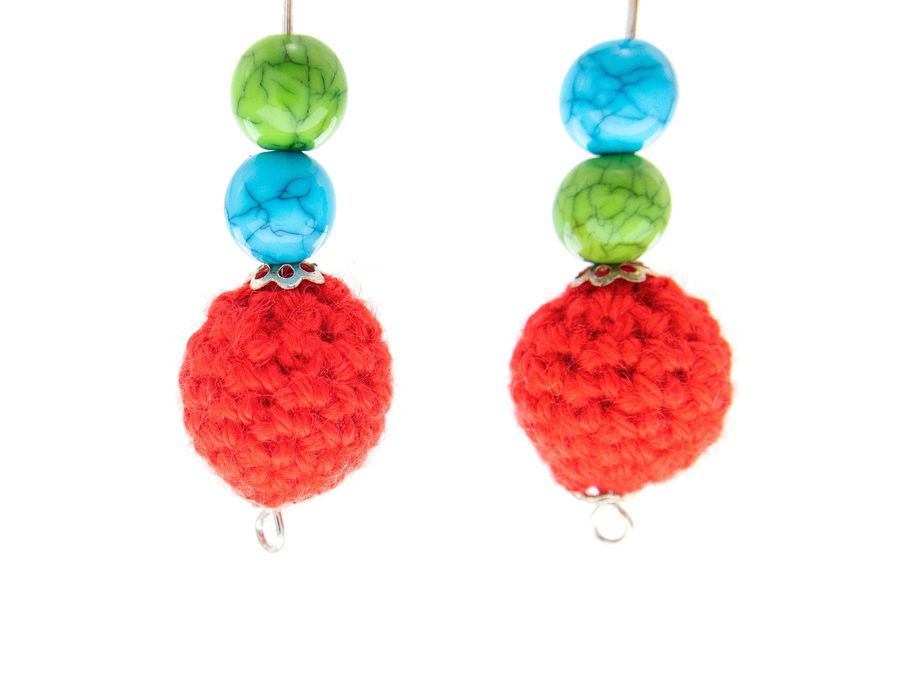 fashion statement earrings handmade of red, green, blue dangling balls