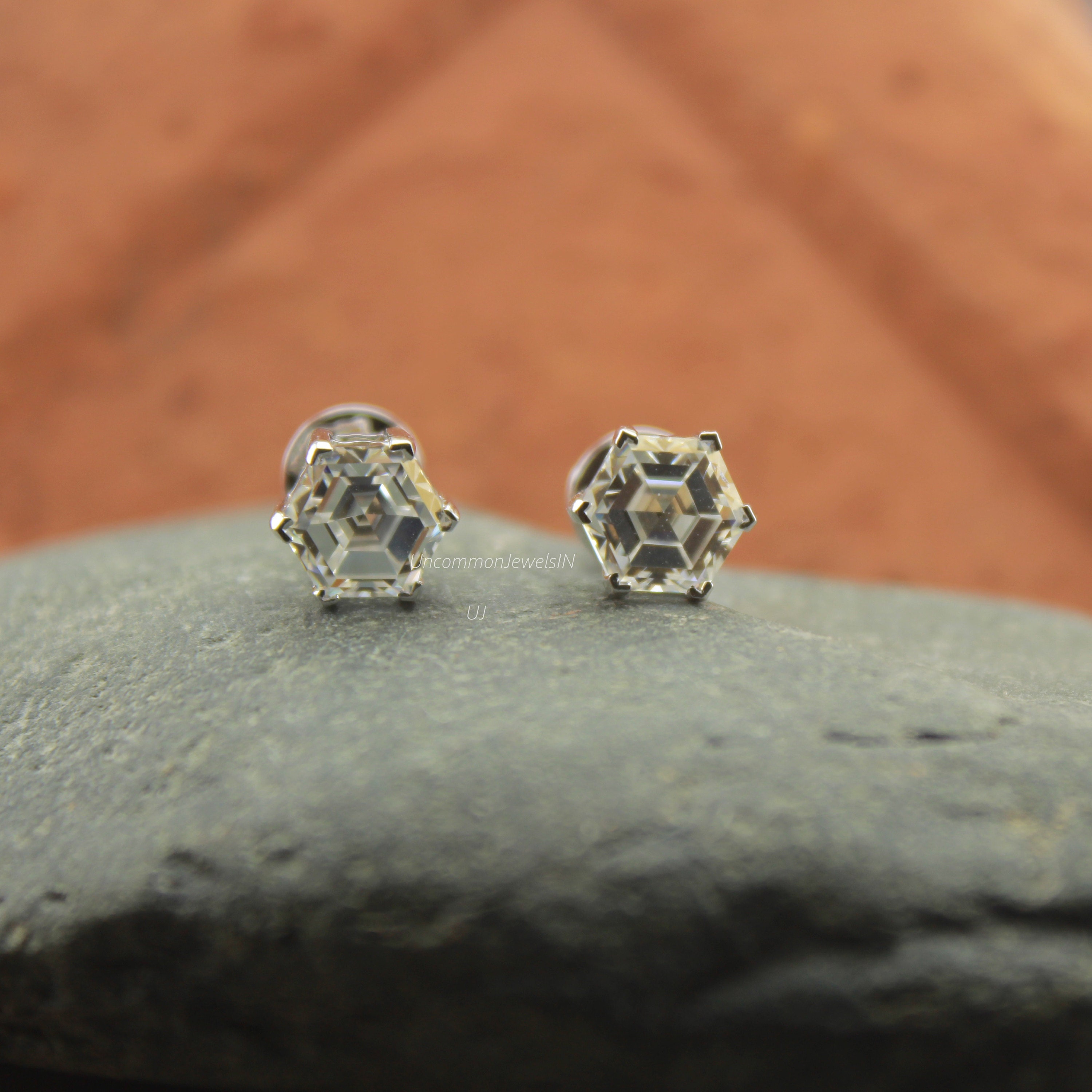 Hexagon cut moissanite studs, Moissanite Earring studs, 14K White gold, Wedding Engagement Gifts, UncommonJewelsIN