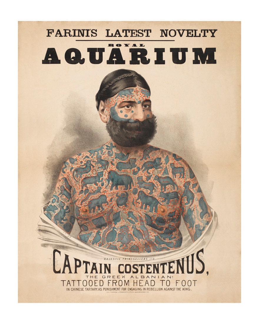 This print of The Tattooed Greek is perfect for fans of vintage advertising art, tattooing, and sideshow oddities.