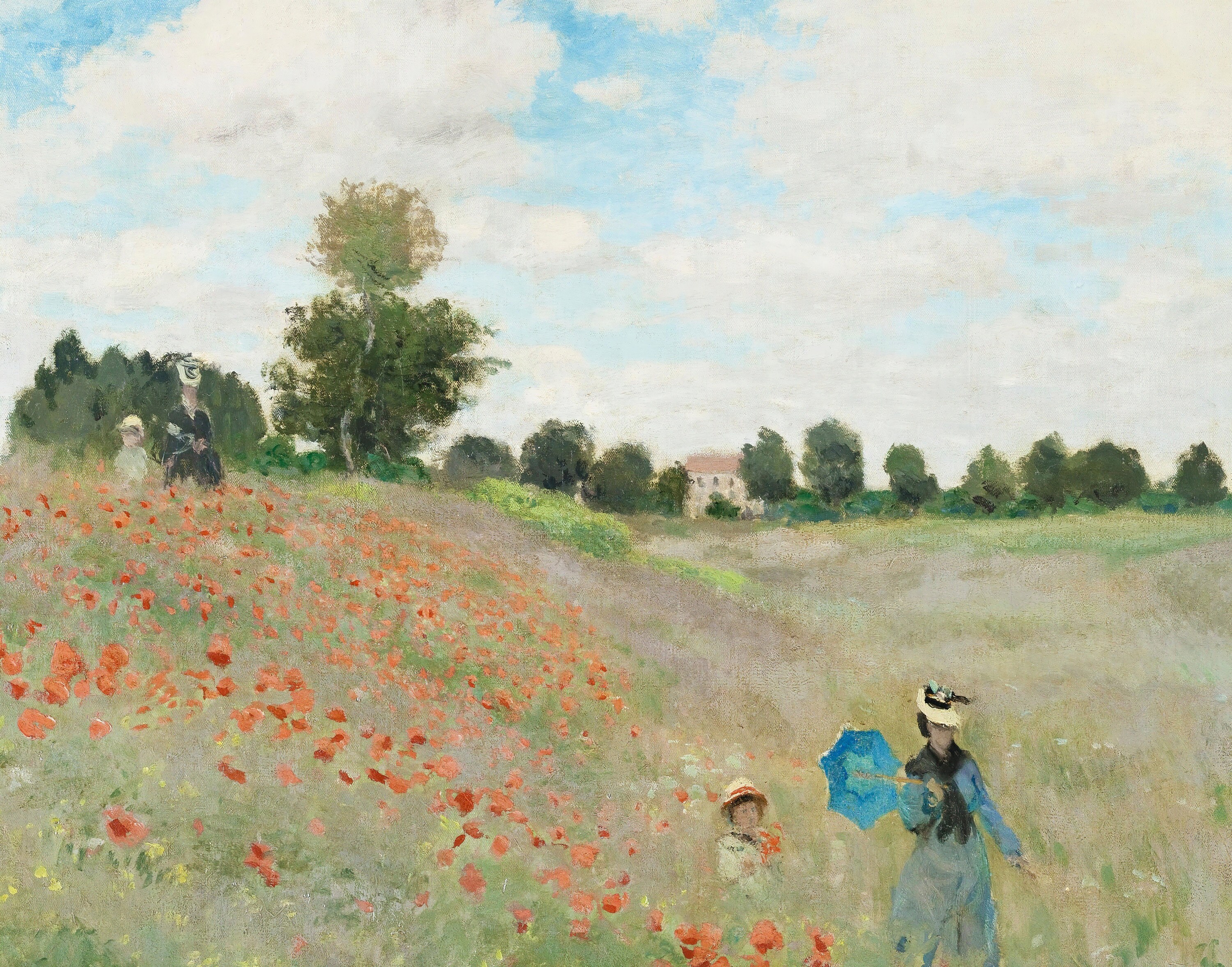 A painting of a red poppy field with green grass and trees in the background. A woman and a child are walking on a path in the lower right corner