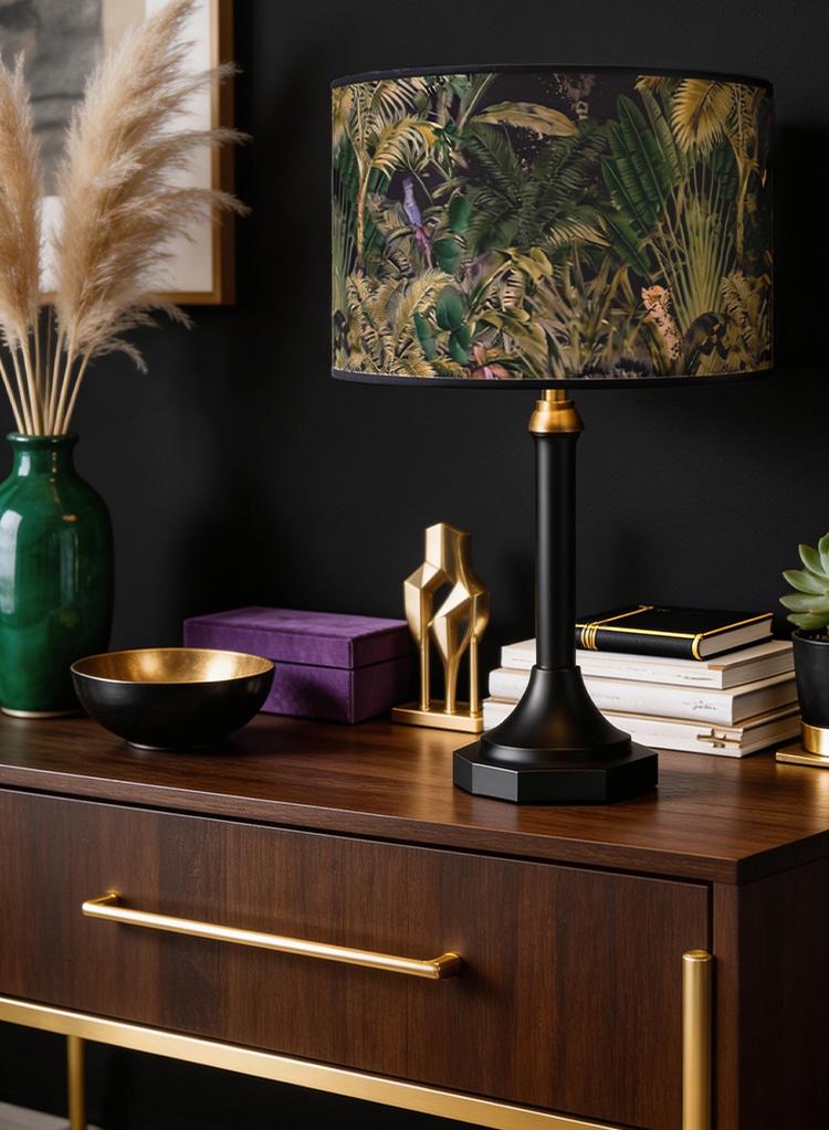 Abat-jour en papier imprimé jungle botanique sombre sur pied métal noir et laiton doré Art Déco, décoration dark luxury mur anthracite, style maximaliste glamour