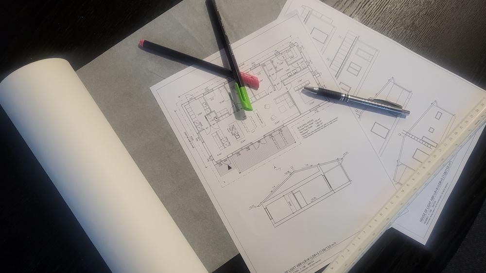 Architect-designed Scandinavian house plan sketches with floor plans, elevations, and measurements – Finnish Architect Nordic home design process.