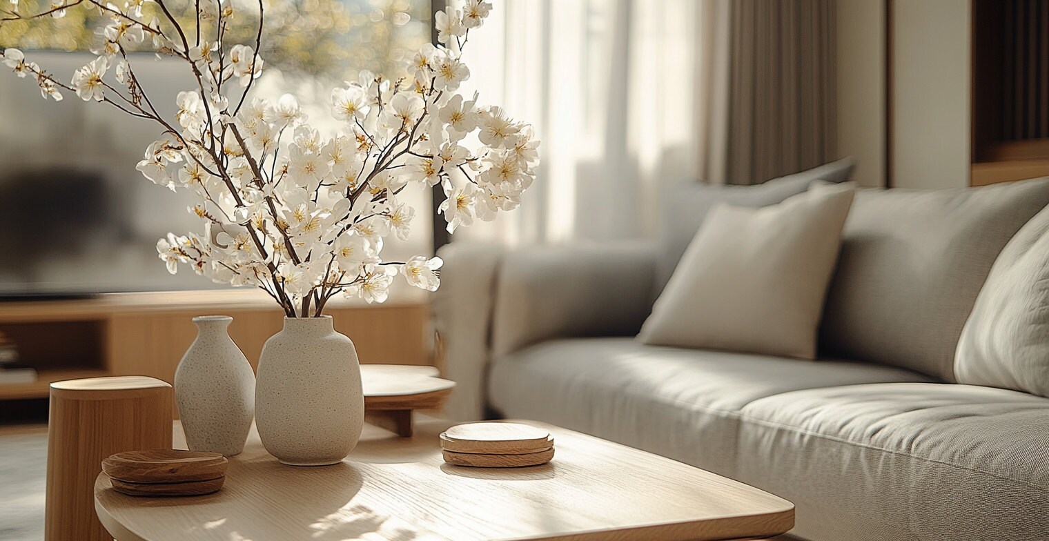 Stacked decor on a coffee table, featuring books, candles, and a decorative tray, creating a curated and luxurious look.