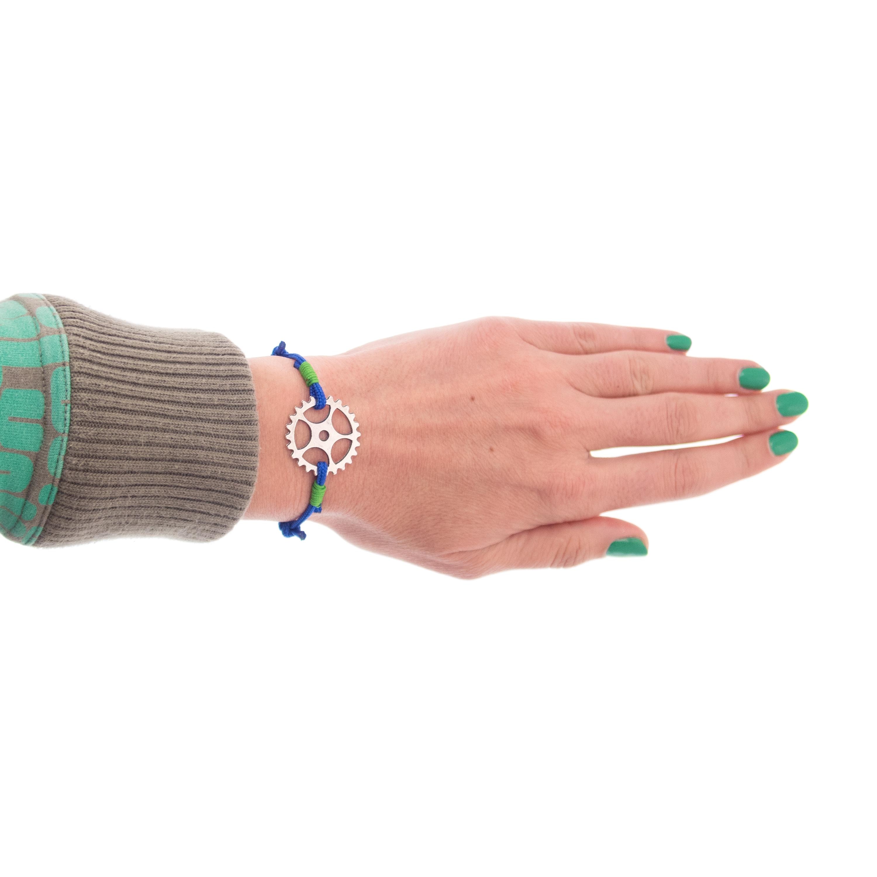 Blue adjustable rope wrap bracelet, durable string jewelry with metal bike chain-inspired element