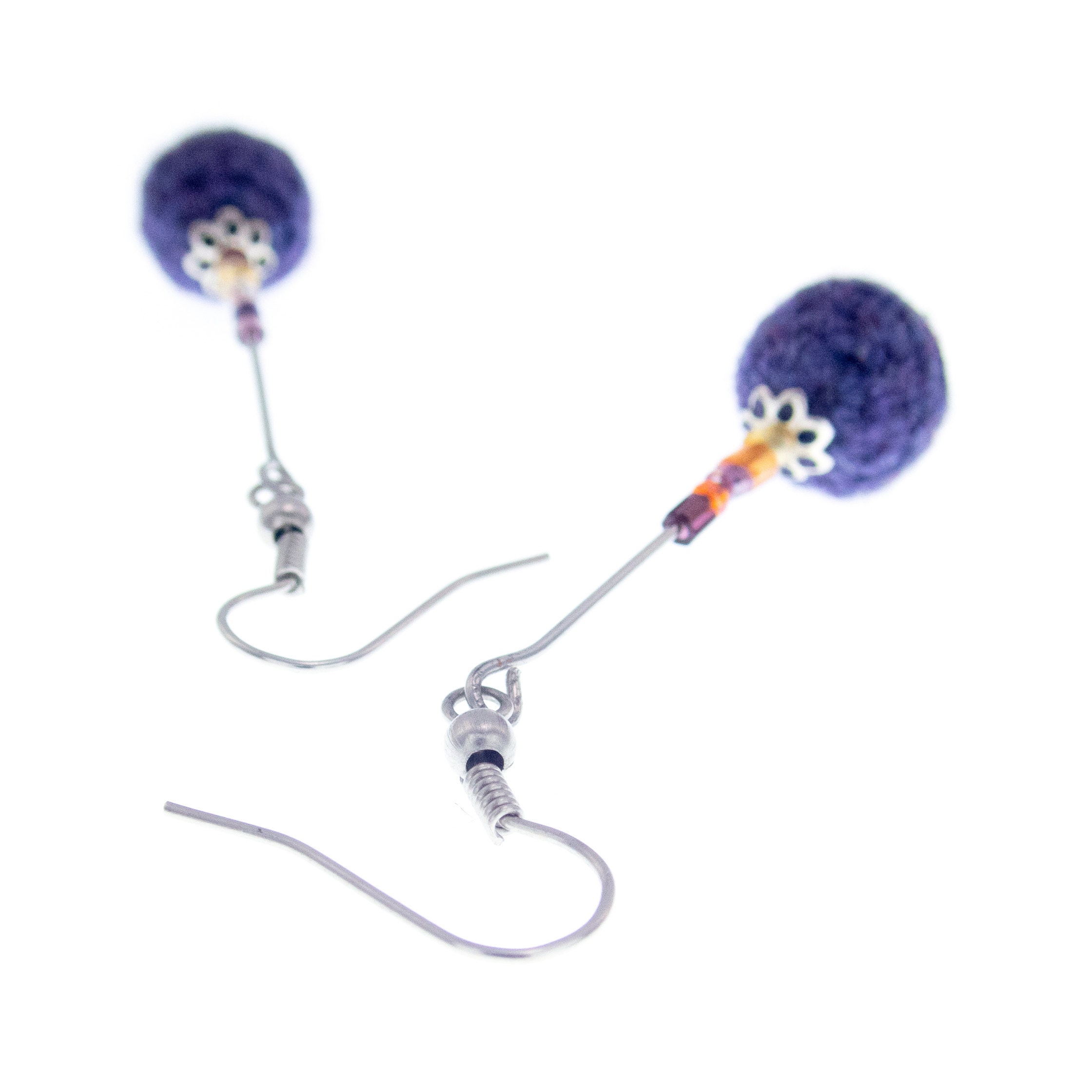 handmade statement earrings dangle with knitted purple balls