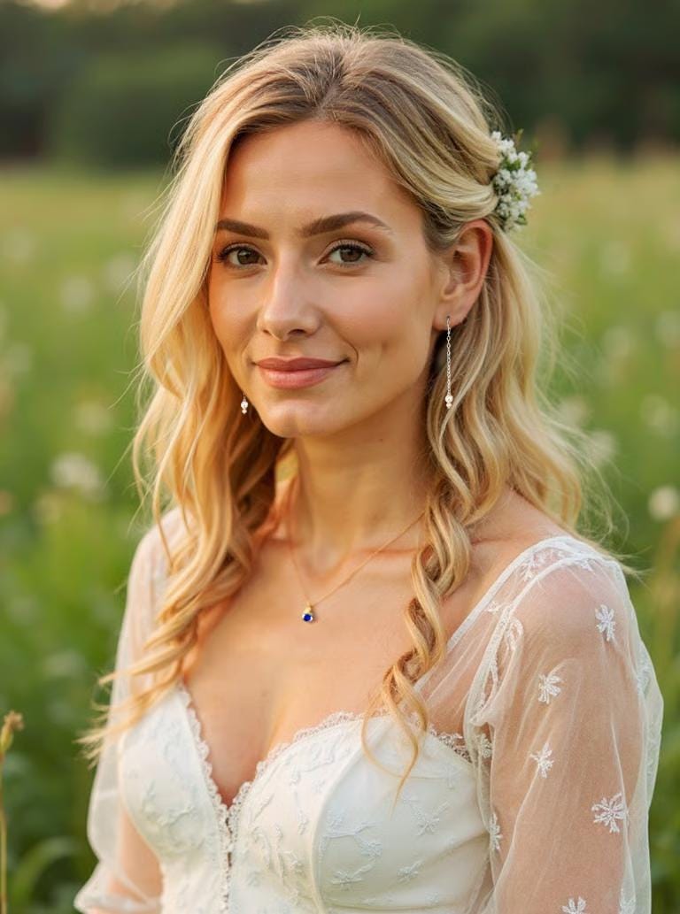 vintage style bride in lace gown and delicate minimalist pearl drop earrings