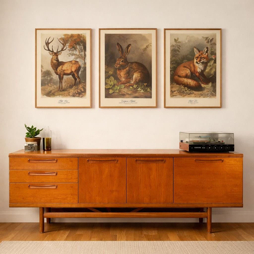 Three framed vintage wildlife prints (a stag, a hare and a fox) hang evenly spaced on a pale cream wall above a mid-century teak sideboard. The sideboard sits on neutral wooden flooring in a rented flat, styled simply with a small potted plant and a record player on top. The frames are light wood with cream mounts, and the overall scene has soft, natural light and a warm, minimalist feel.