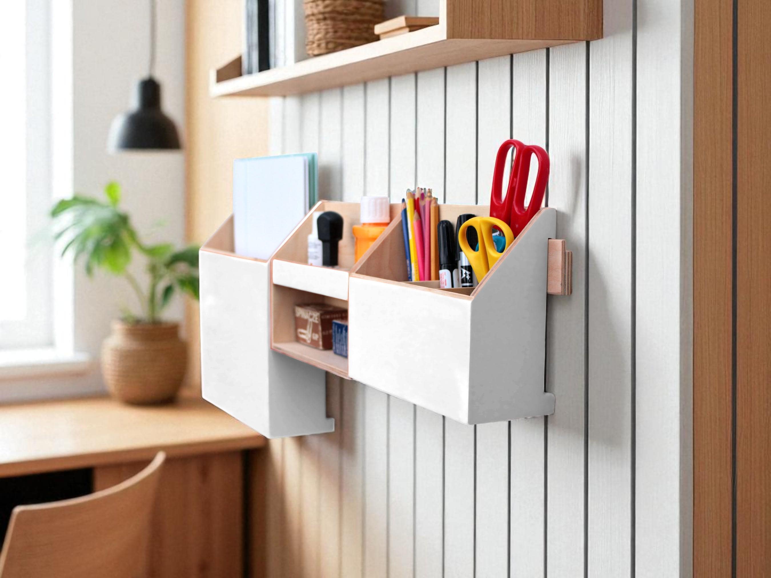 Handcrafted wooden wall organizer in a cozy home setting