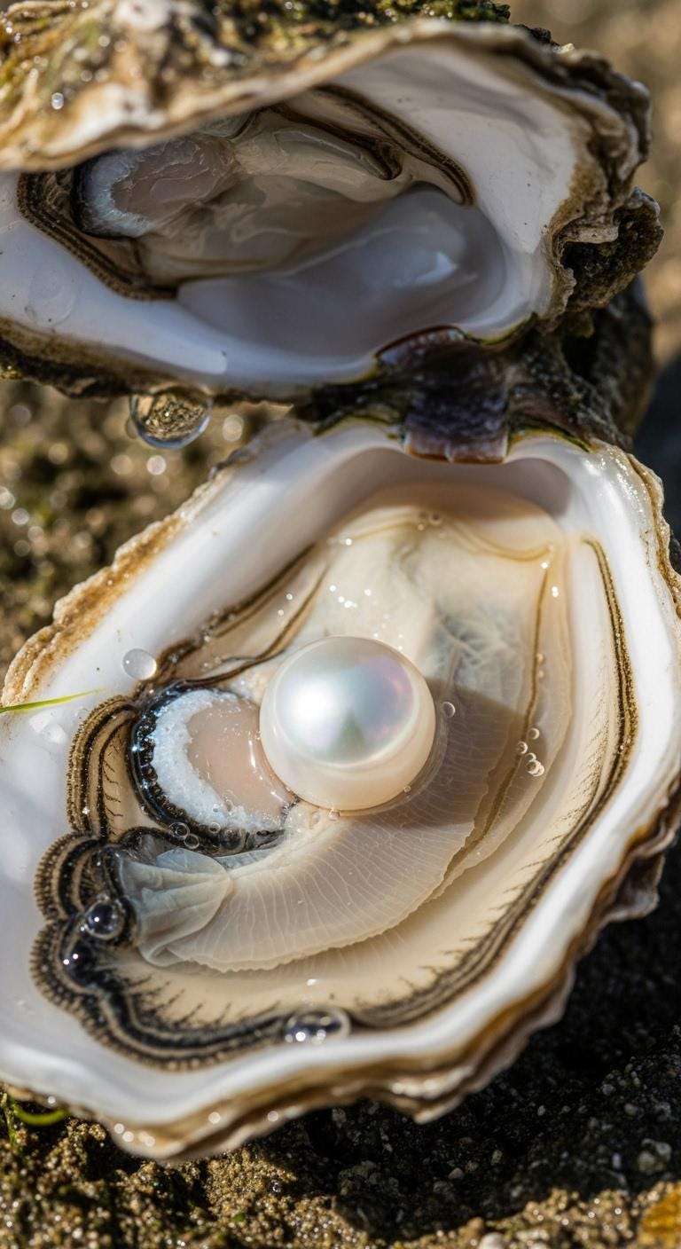 shimmery white pearl in an oyster shell
