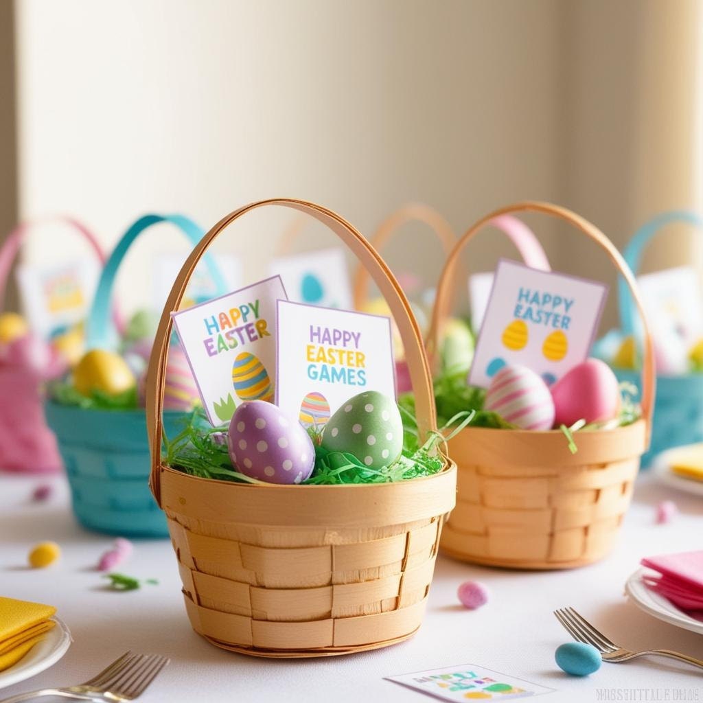 Mini Easter baskets used as table decor with printable games and small favors inside.