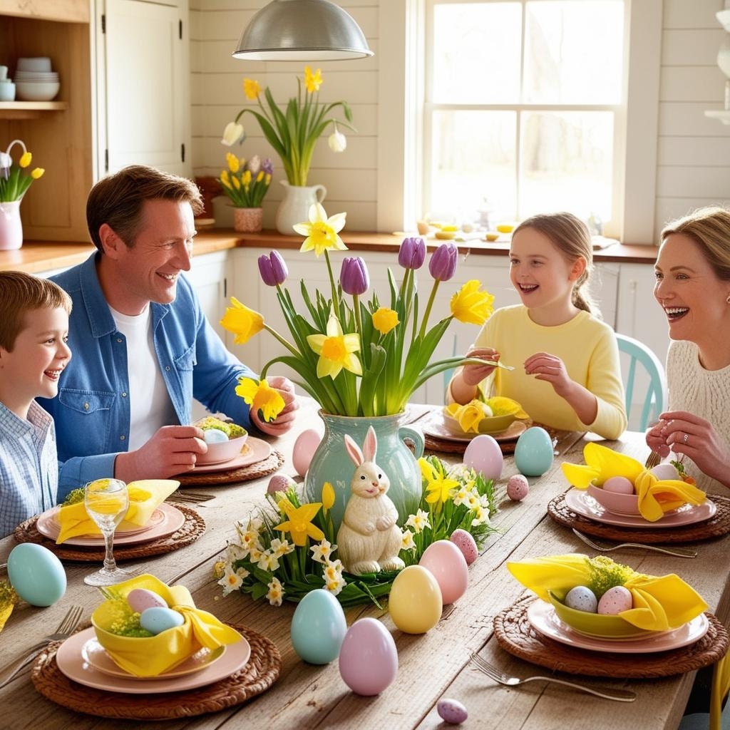 Cozy indoor Easter brunch scene with family and friends enjoying printable Easter games, surrounded by soft pastel decorations and spring flowers.