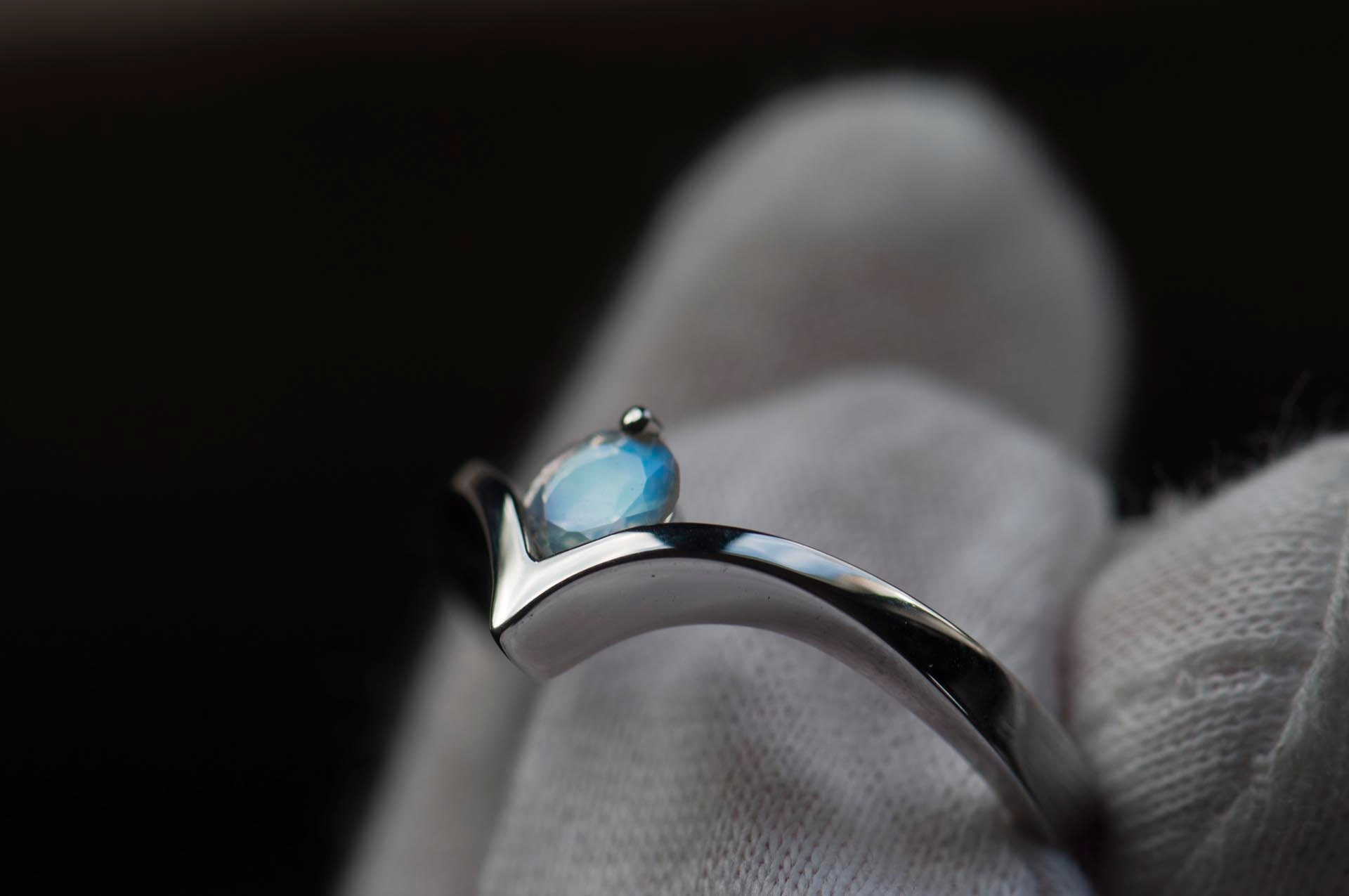 Blue moonstone set in a white gold ring