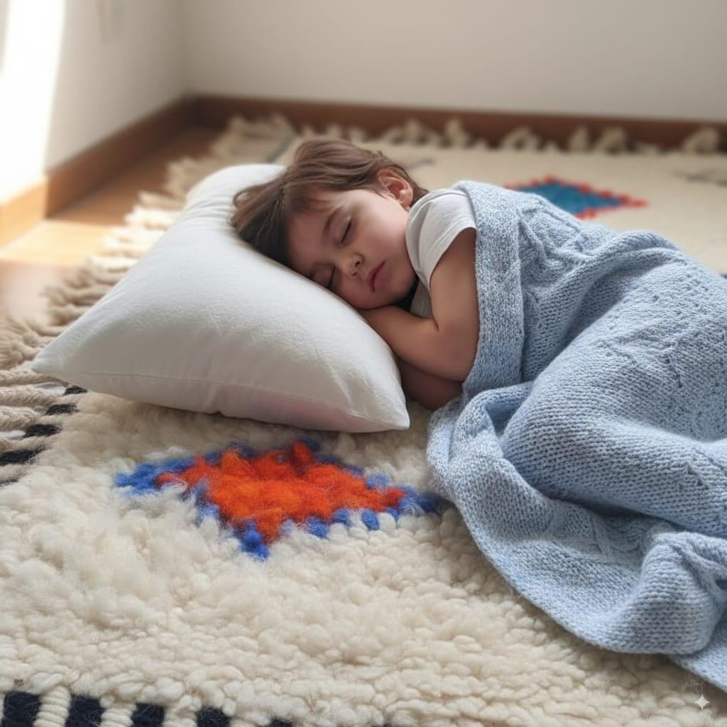 a kids sleep on soft pilow and durable wool rug