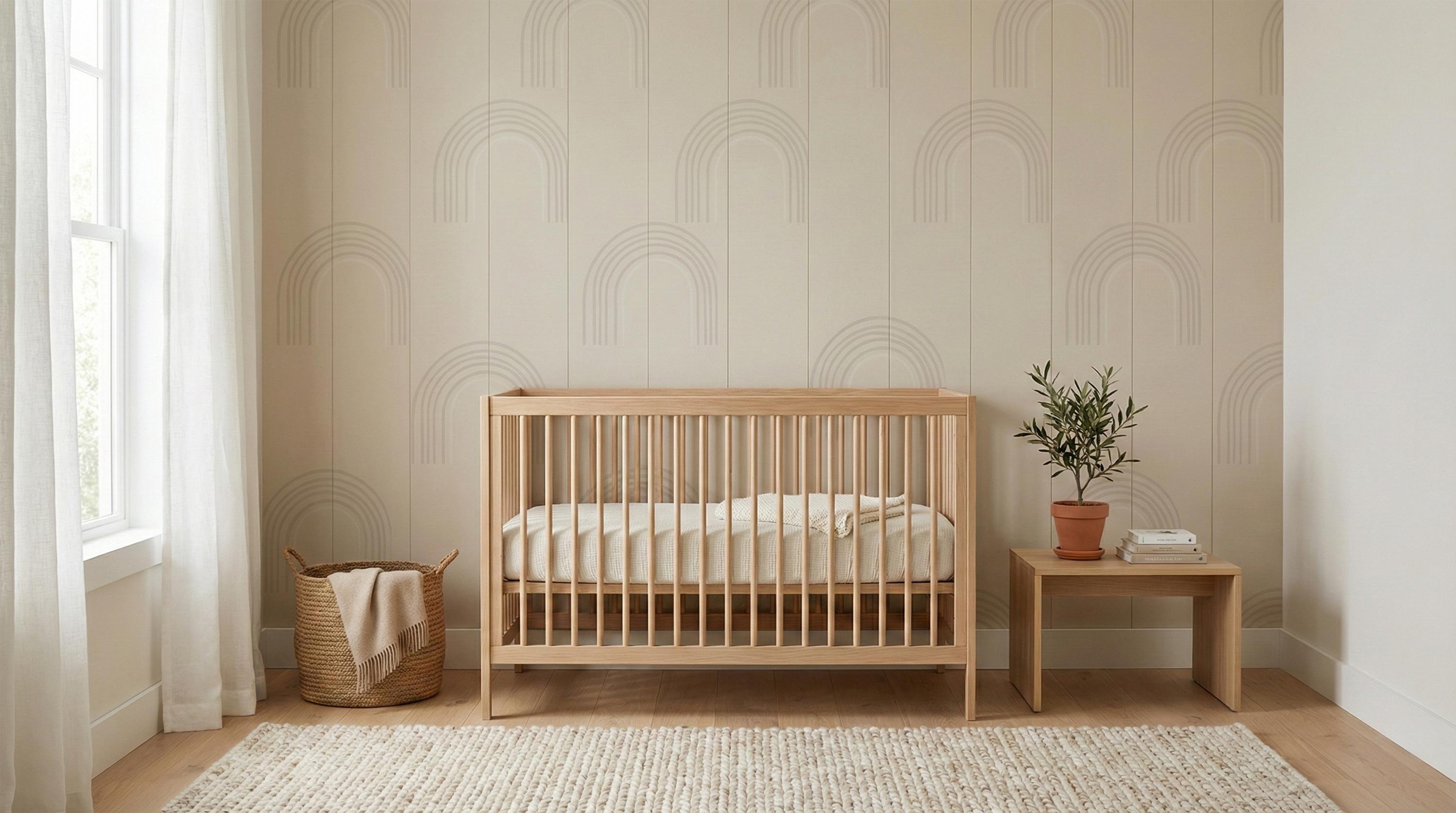 minimalist nursery wallpaper in warm beige with subtle arch pattern Scandinavian style