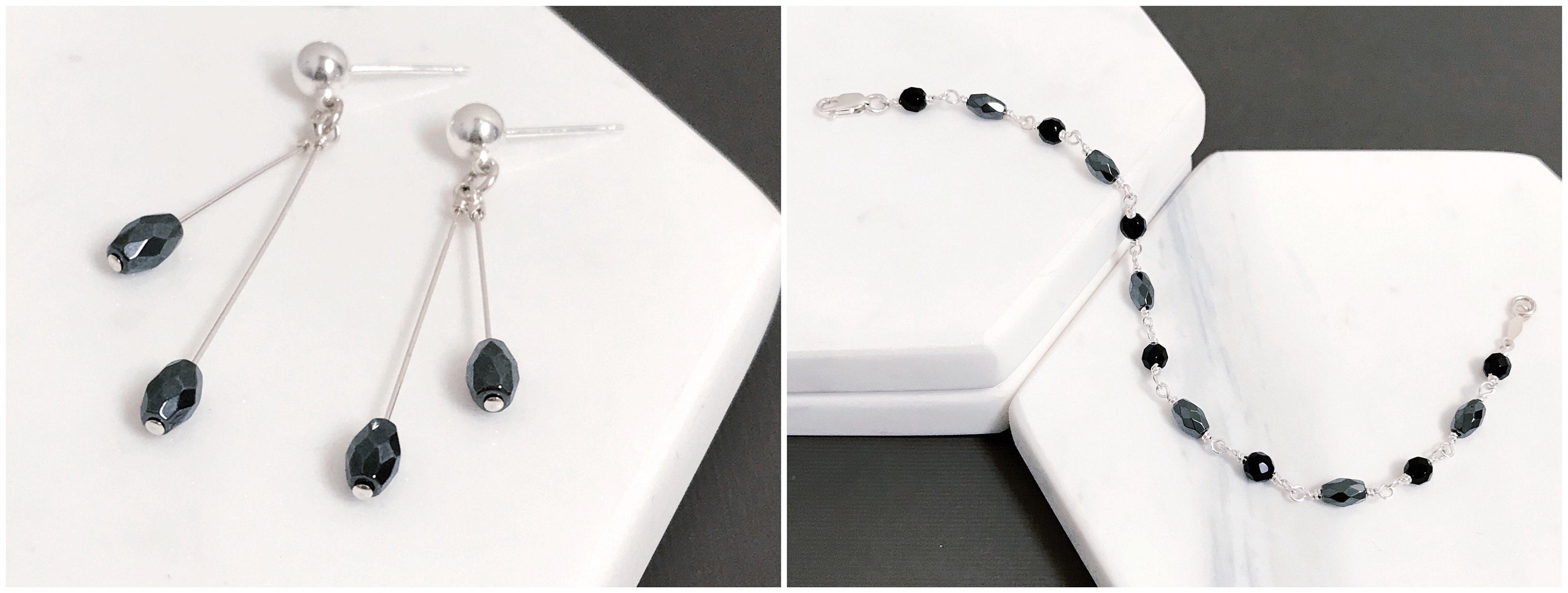 Hematite dangle earrings & hematite and black spinel bracelet crescent & crow holiday gift guide