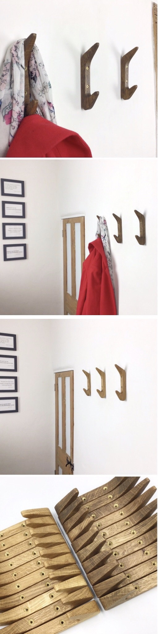 Gorlech double coat hooks in light and dark Oak wood, handcrafted in Wales, UK