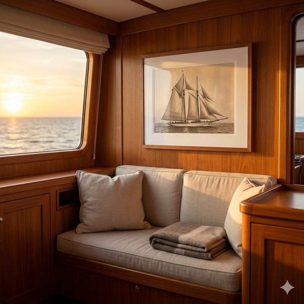 A cozy sailing yacht cabin interior bathed in warm golden hour light. Teak wood paneling surrounds a window looking out at a calm ocean sunset. Above a comfortable bench seat with neutral cushions and a folded wool throw hangs an elegant framed black-and-white print of a vintage sailing vessel.
