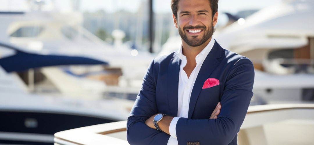 Man in Navy Blazer wearing pink pocket square