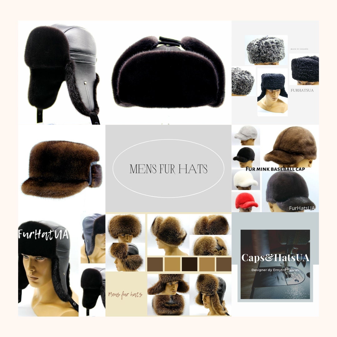 Collage showcasing a selection of mens fur hats from Caps&HatsUA collection, featuring various styles including ear-flap hats, trapper hats, and a fur mink baseball cap, presented against a neutral background with MENS FUR HATS text in the center.