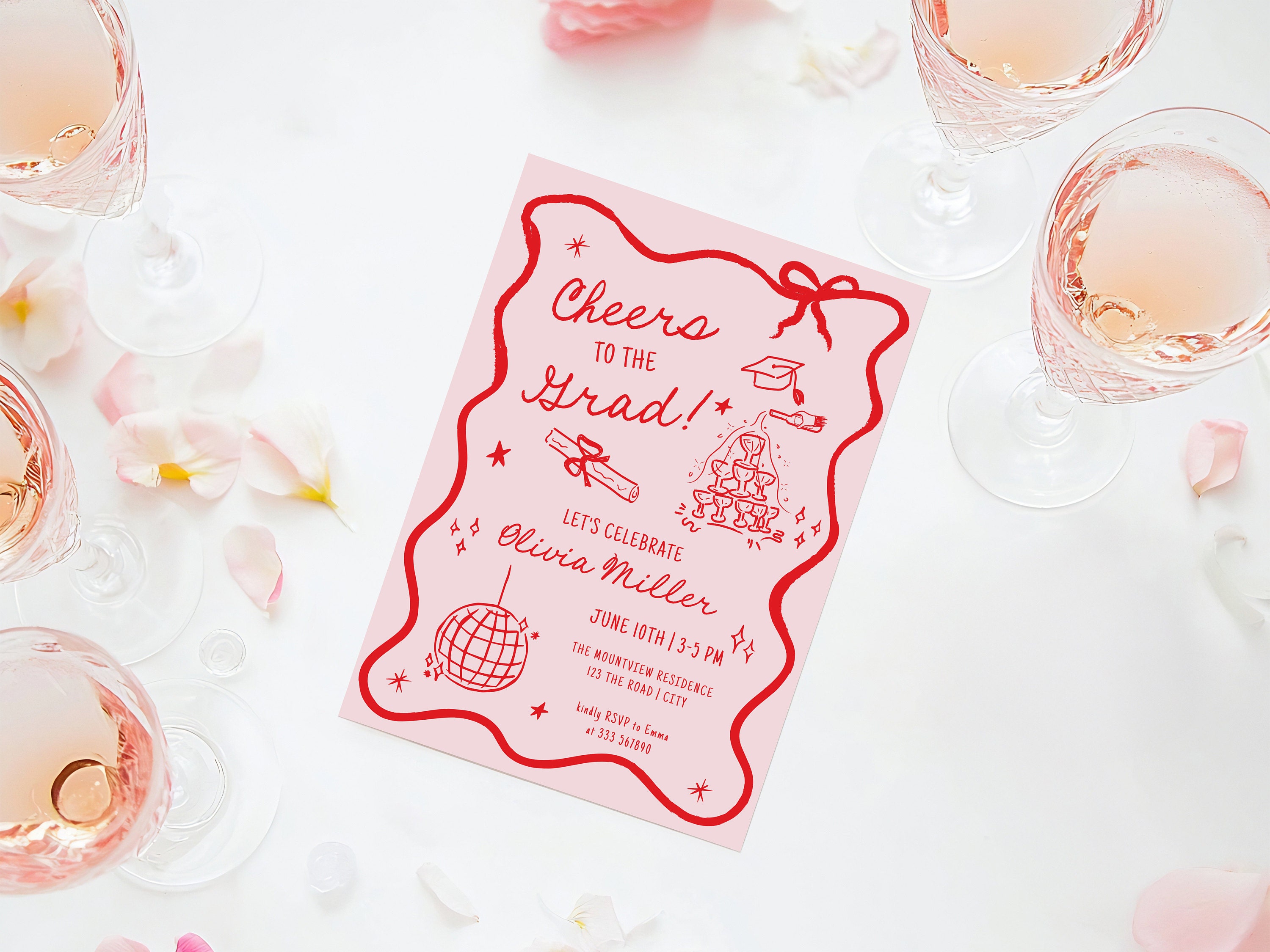 Whimsical graduation Invitation with champagne towes and doodles