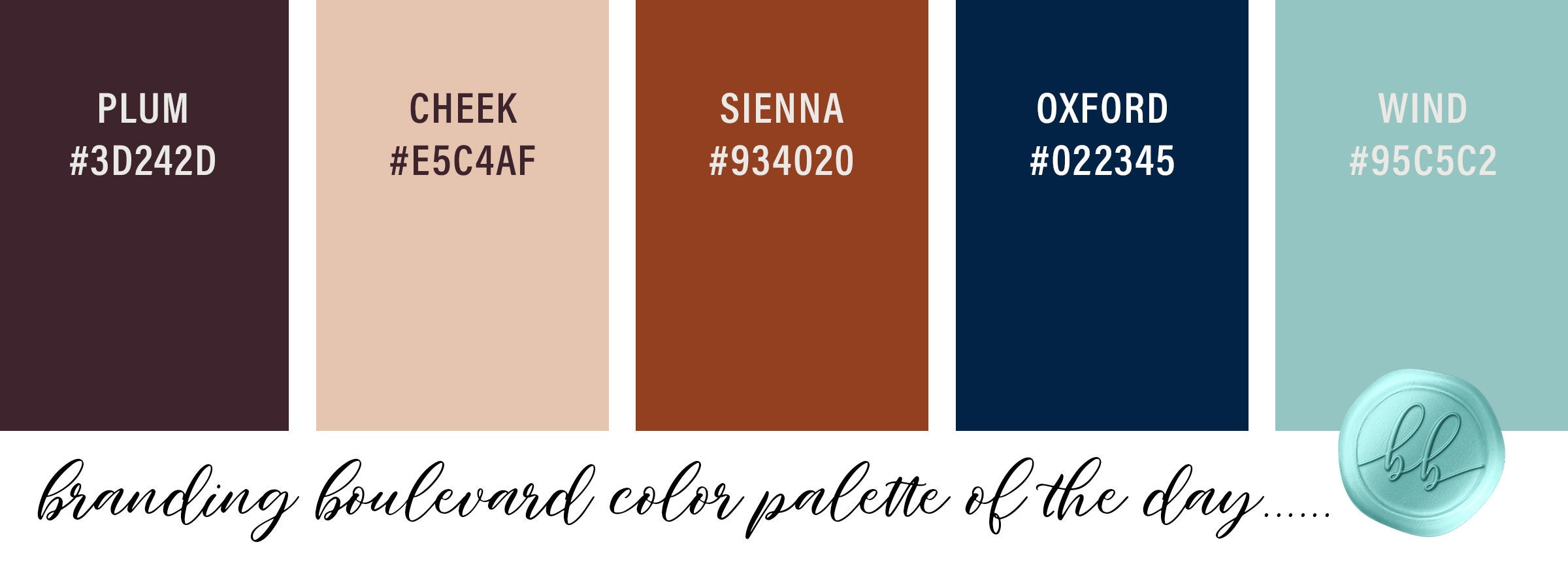 A Hint of Autumn Color Palette - Color Palette of the Day - Plum (Deep Purple), Cheek (Skin-tone Peach), Burnt Sienna (Rust Terracotta Orange), Oxford (Navy Blue), and Wind (Aqua)