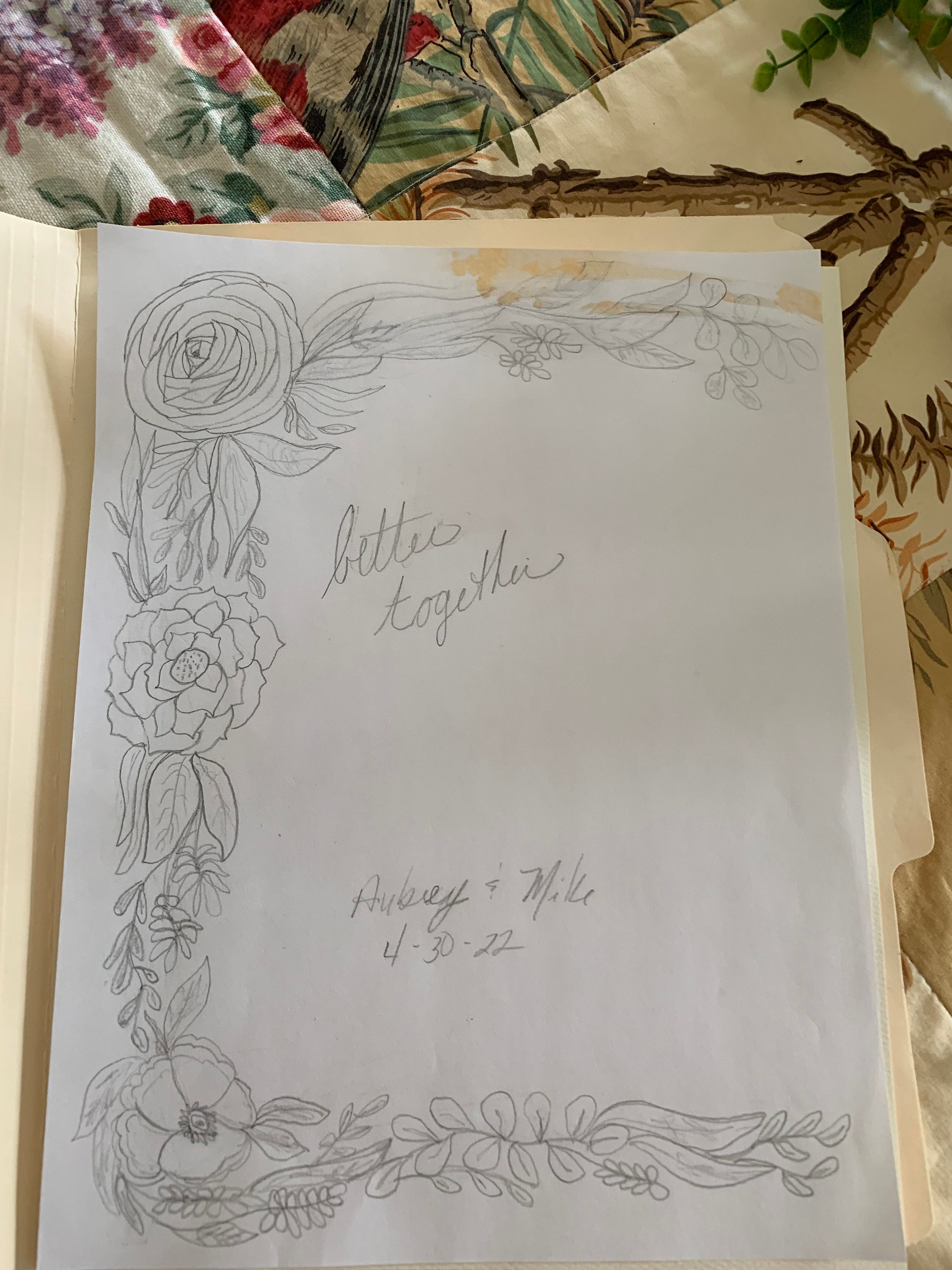 A sketch the mother of the bride drew for her daughter wedding sign